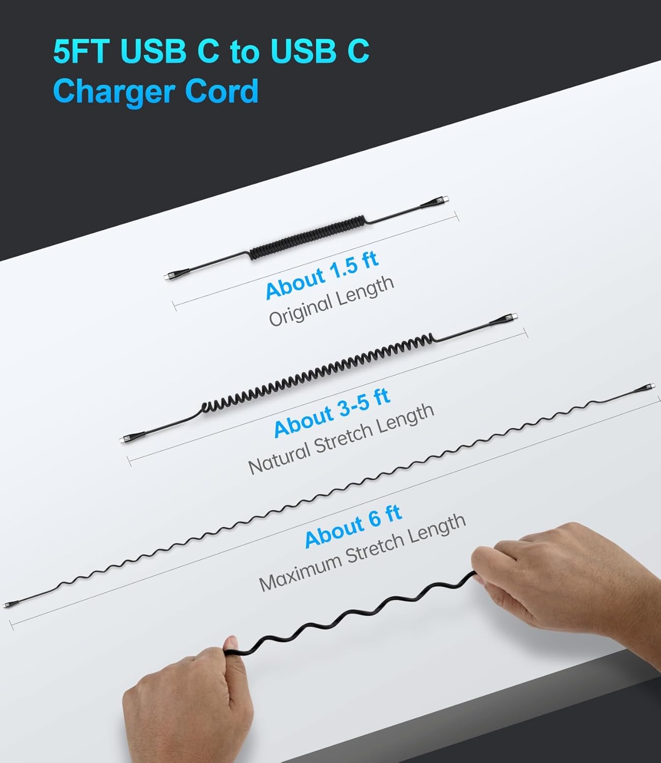 Coiled USB C to C Cable for Car 5FT, USB Type C Charger Cable 100W Short USBC Fast Charging Cable for iPhone 16/15/Pro/Plus/Pro Max/Samsung Galaxy S23, Compatible All Type C Devices-Black 2Pack