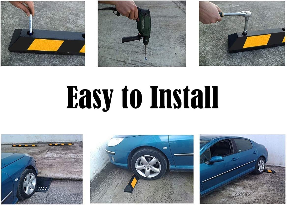 ERGOMASTER Parking Stopper for Garage,72” Rubber Parking Block with 8 High Reflective Yellow Safety Stripes for Vehicles Truck Driveway, Protect Pumpers from Cars Vans Trucks (4 Pack)