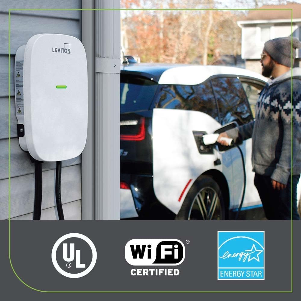 Leviton Level 2 Smart EV Charger with Wi-Fi, 32 Amp, 208/240 VAC, 7.6 kW Output, 18' Cable, Indoor/Outdoor Hardwired EV Charging Station, My Leviton Compatibility, EV32W EVSE