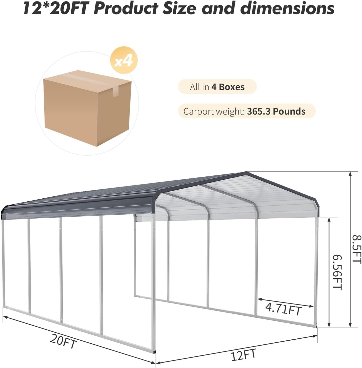 Carport Canopy 12x20 FT Heavy Duty Metal Carport Kit – Outdoor Portable Garage Tent Shelter for Car, RV, Boat – Steel Frame Car Port Shed – All Weather Storage Canopy Cover