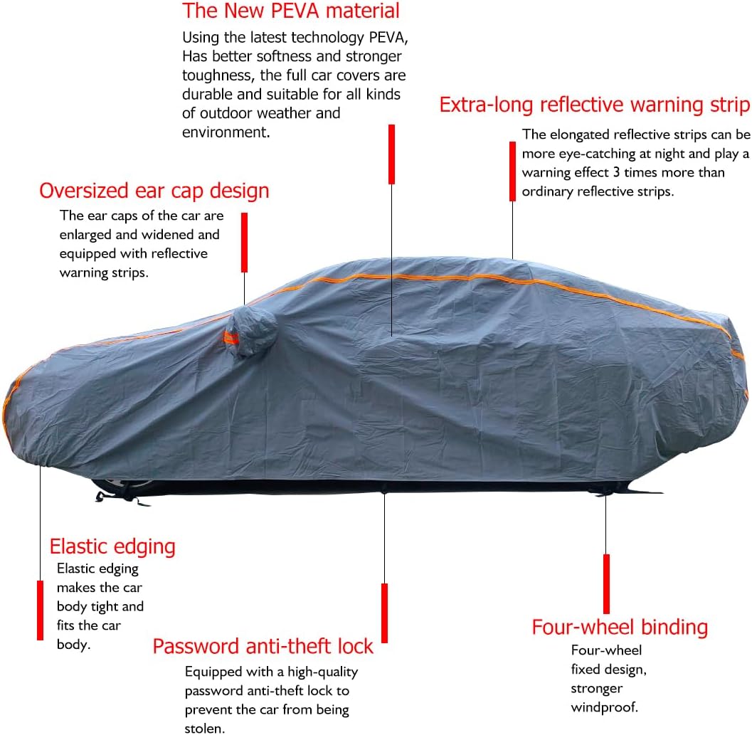KEYOOG Universal Waterproof Heavy Weight Full Car Covers, Fit Sedan, All Weather, Outdoor Full Cover Weatherproof UV Sun Protection Snow Dust Storm Resistant with PEVA Cotton, for Cars Up to 198"