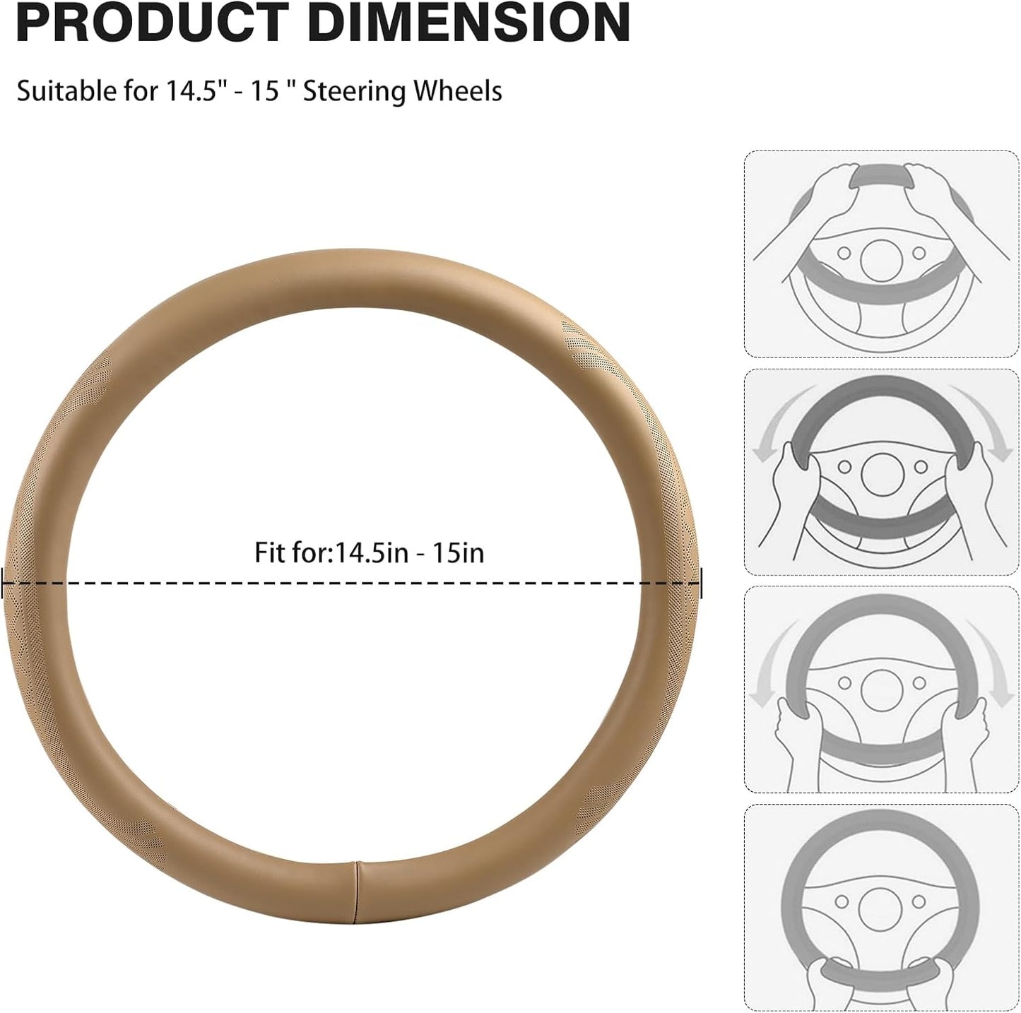【2025 Model】 High-Grade Real Cowhide Steering Wheel Cover for Men Women,Beige Genuine Leather Steering Wheel Cover for Cars,Universal 14.5-15 inch Steering Wheels,Grid & Square Motif