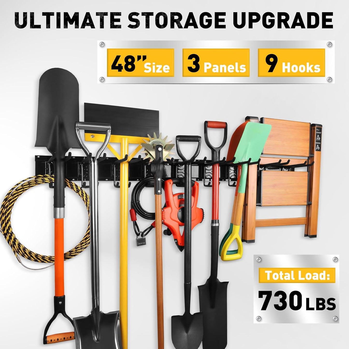 ELEAD 48 Inches Garage Storage, Garage Organization, Garden Tool Organizer Wall Mount, 9 Adjustable Heavy Duty Metal Hooks, Holds Up to 730 lbs, Yard Tool Organizer for Garden, Yard, and Shed