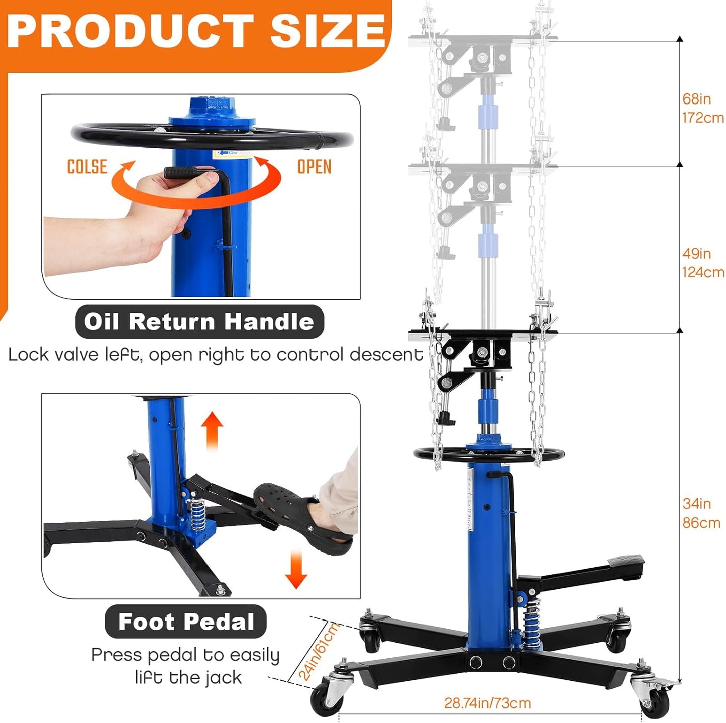 Transmission Jack, 1322lbs (3/5 Ton), 2-Stage Hydraulic Telescopic Jacks, Lifts 34"-68", with Foot Pedal & 360° Swivel Wheels, Ideal for Garage and Car Lifting, Heavy-Duty, Blue