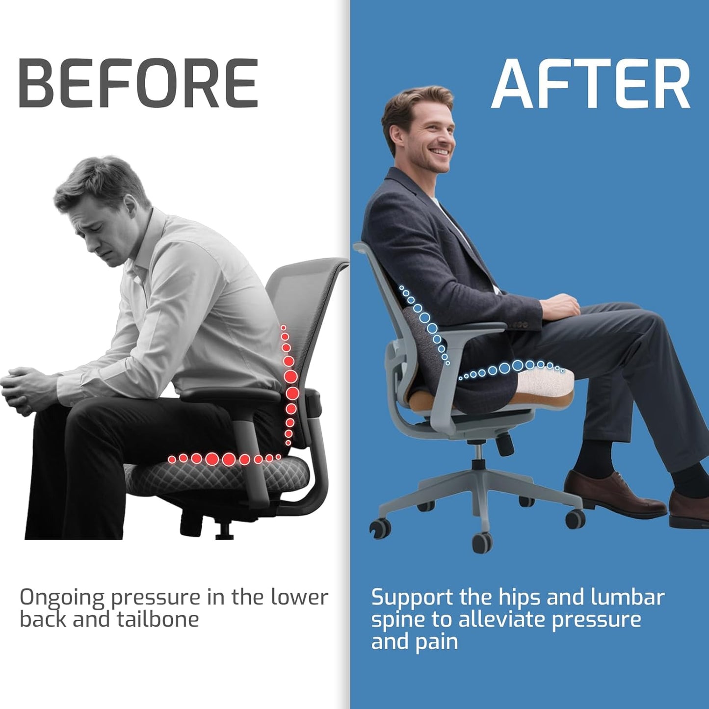 Memory Foam Seat Cushion,Office Chair Cushion with Lumbar Support for Back Pressure Relief, Car Seat Cushion with Adjustable Strap,Sciatica Pad Cushions for Car,Truck, Desk,Gaming Chair