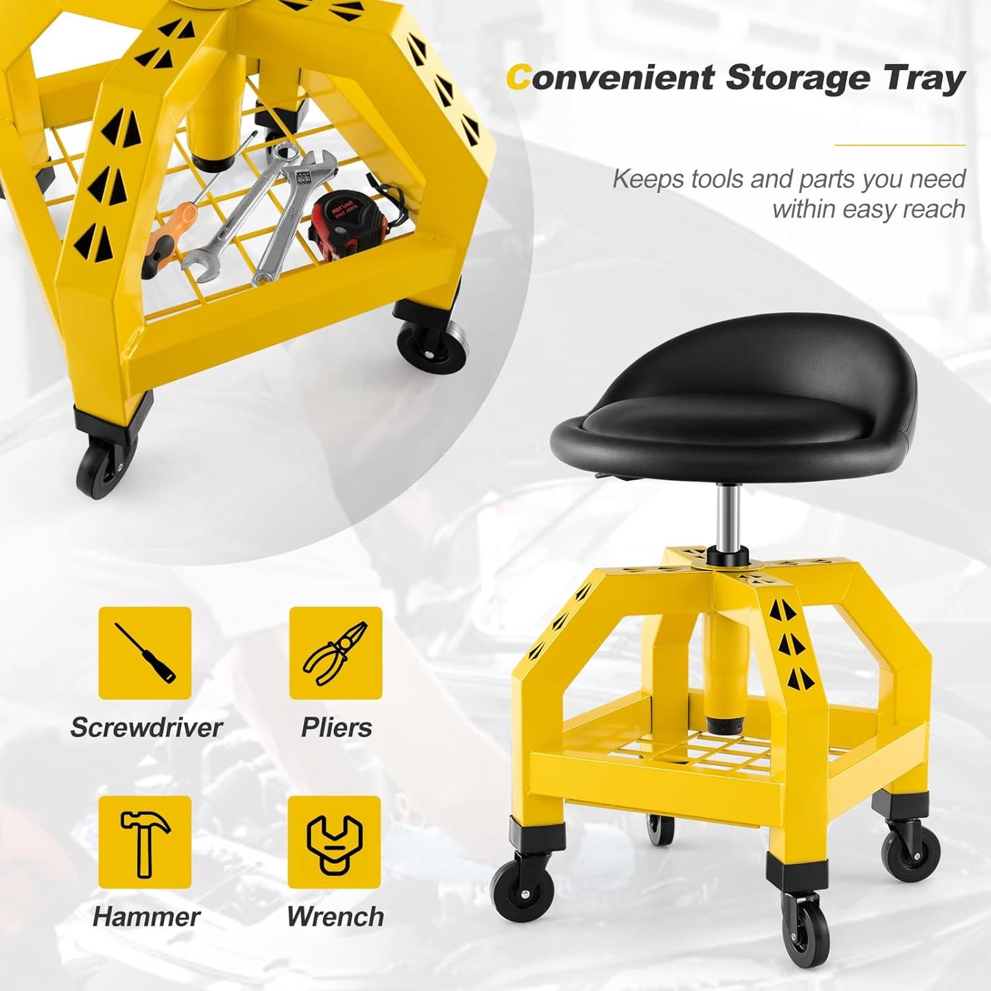 Goplus Rolling Garage Stool, 22.5”-27.5” Adjustable Mechanic Chair with Padded Seat, 330LBS Capacity, Tool Tray, Heavy Duty Creeper Seat, 360° Swivel Shop Stool for Workshop