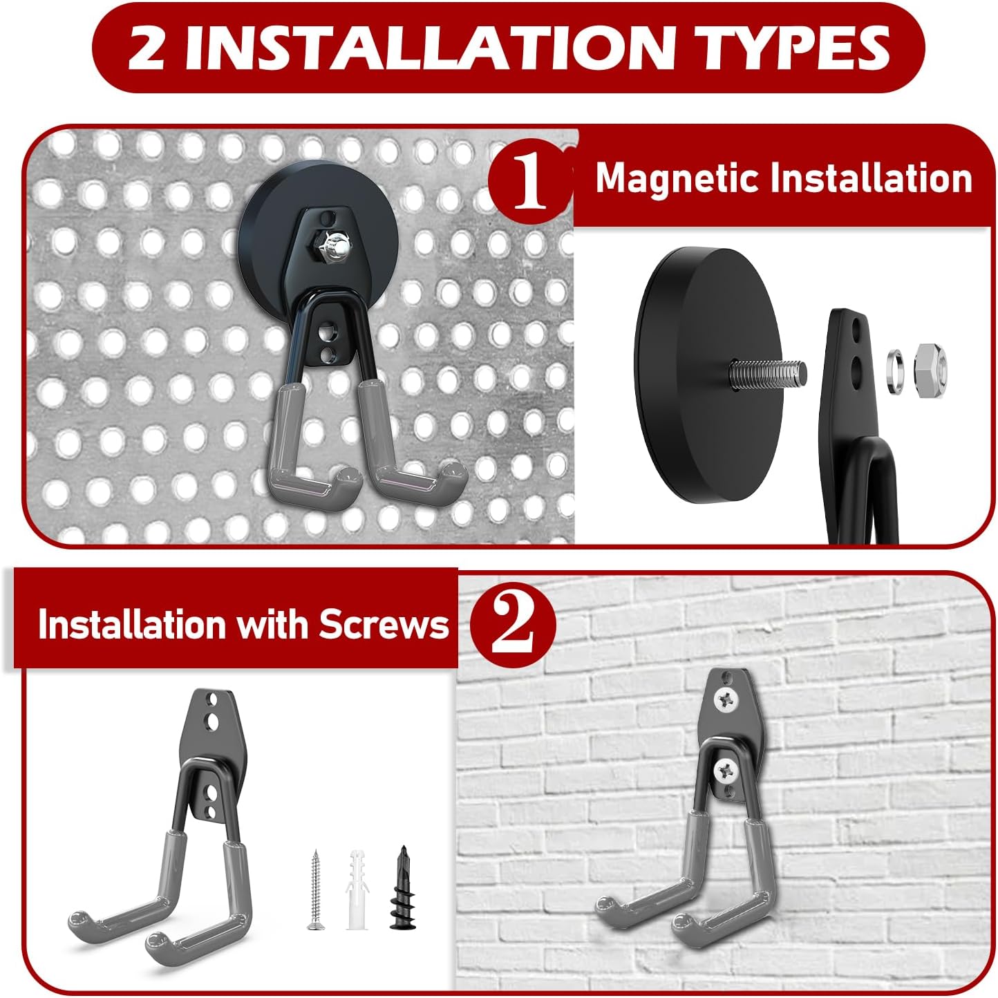 3-H Heavy Duty Magnet Garage Hooks 4 Pack, Large Strong Magnetic Hooks for Hanging Cordless Power Drill, Utility Magnetic Tool Holder for Metal Cabinet, Steel Pegboard, Toolbox, Garage(Grey)