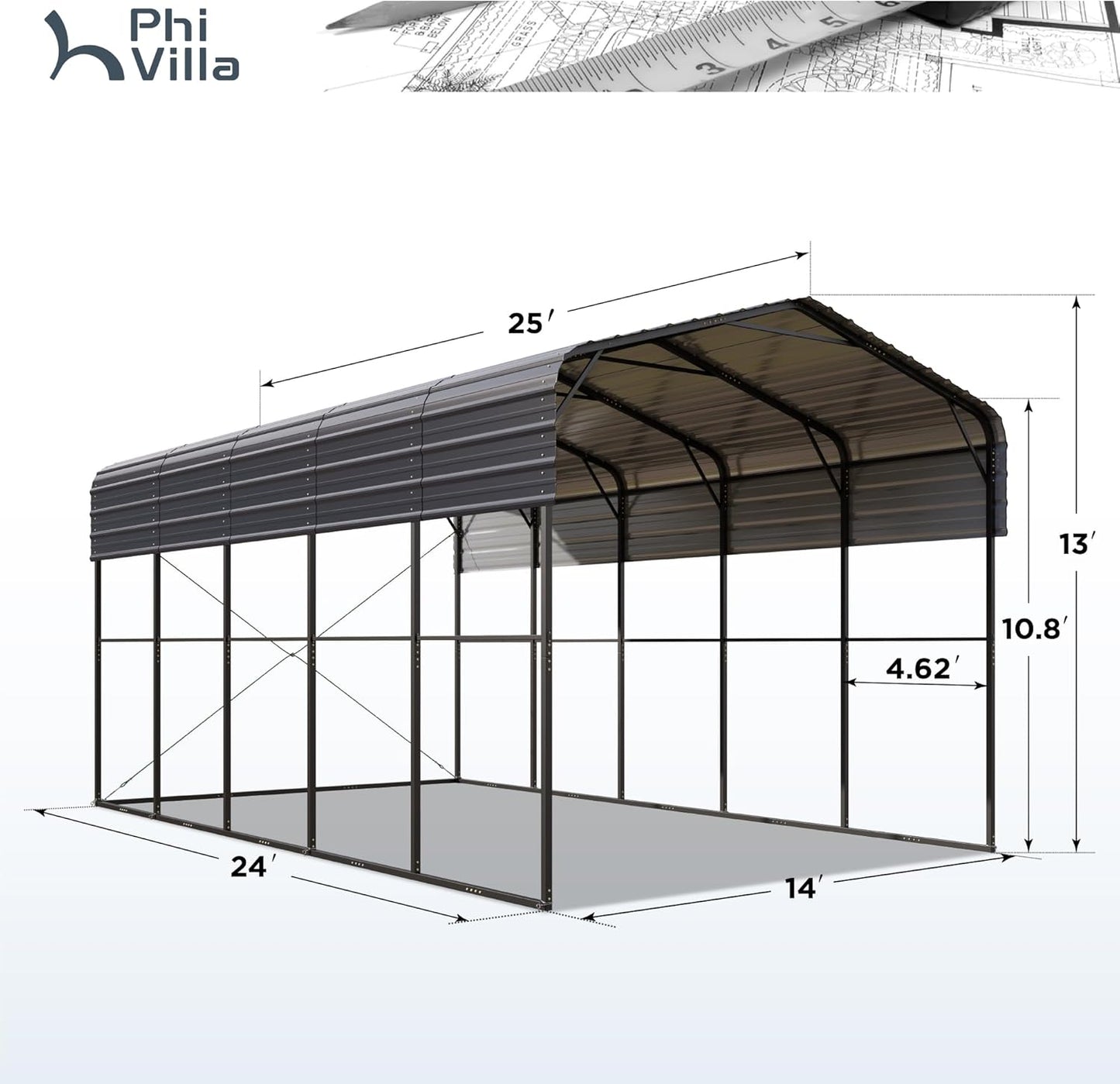 PHI VILLA 25 x 14 ft Heavy Duty Metal Carport with Galvanized Steel Roof for RVs, Cars, Boats, and Tractors
