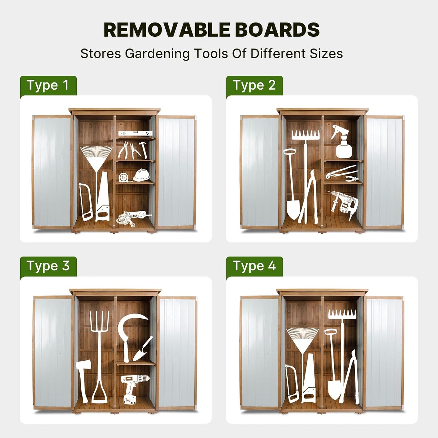 Outdoor Storage Cabinet Wood & Metal with Waterproof Roof, Garden Tool Shed with 4 adjustable reinforced feet with metal brackets, 3 Removable Shelves, 6 T-Hinge, Magnetic door,18.1"D x 49"W x 68.5"H