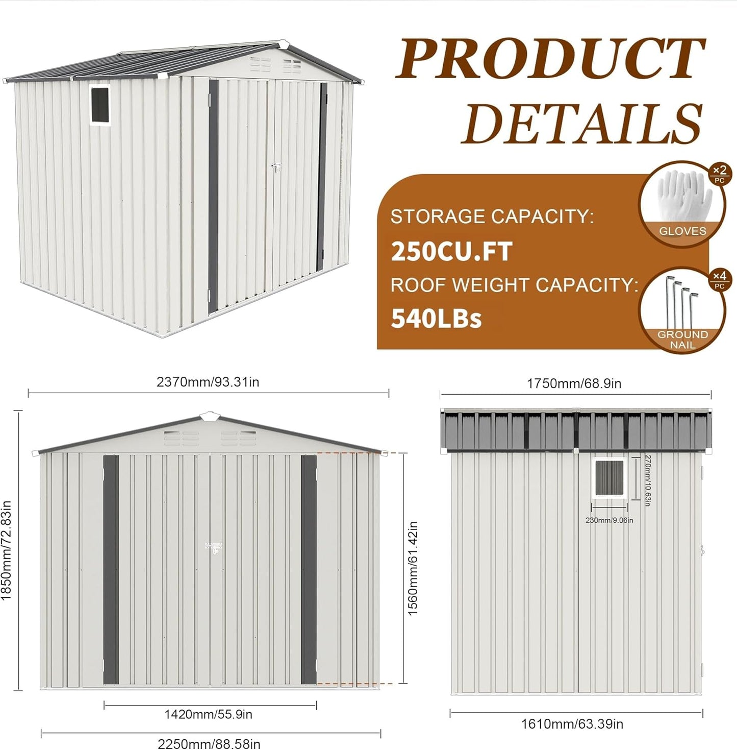 8x5.7x6FT Storage Shed, Outdoor Galvanized Steel Garden Shed with Lockable Door & Window, Waterproof Metal Tool Storage for Garden, Backyard, Patio, Lawn