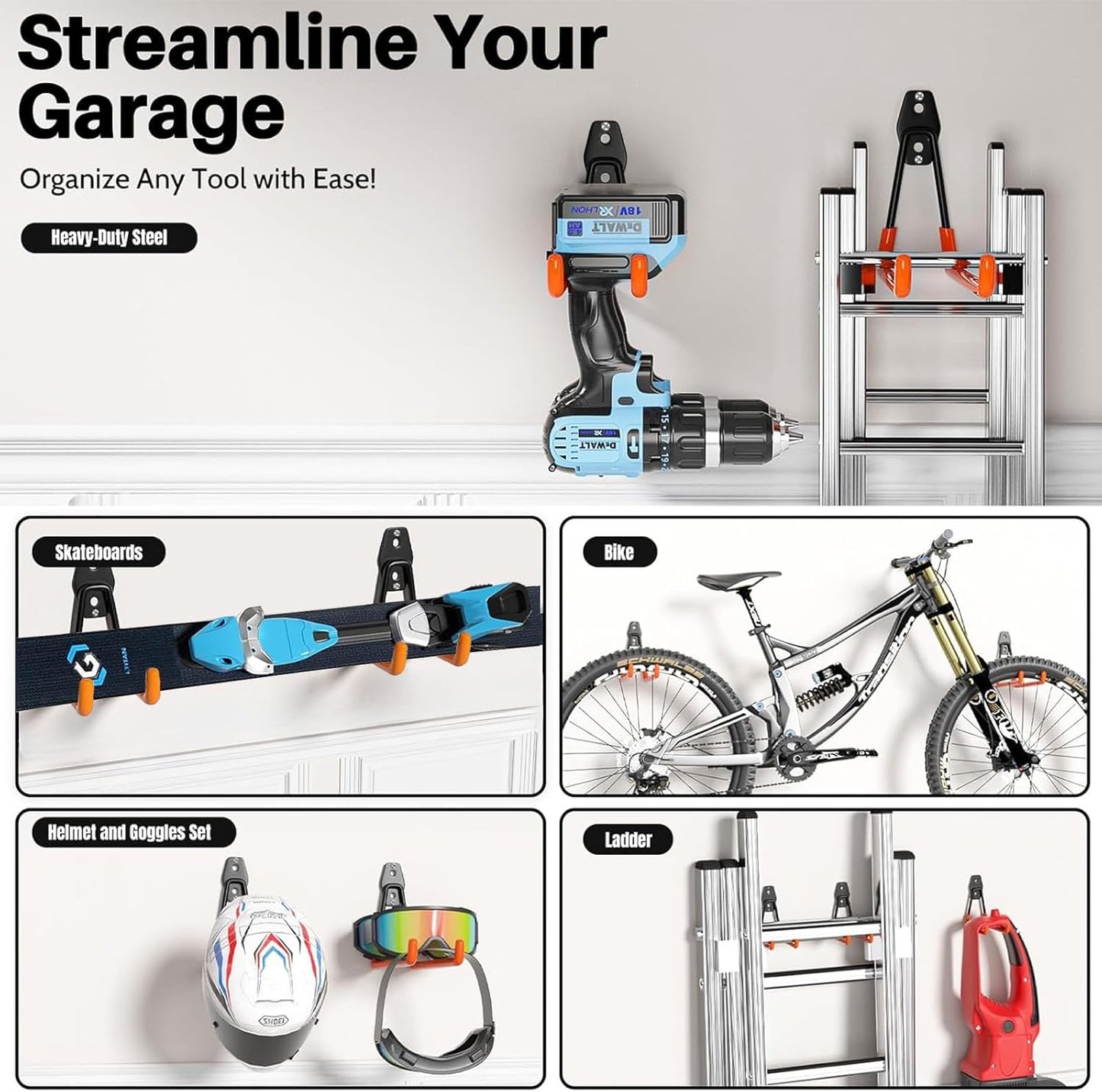 Skateboard Hooks 4-Pack Utility Small Heavy Duty Holder Garage Storage Wall Mount for Stroller Tennis Garden Tool Household Warehouse Shed