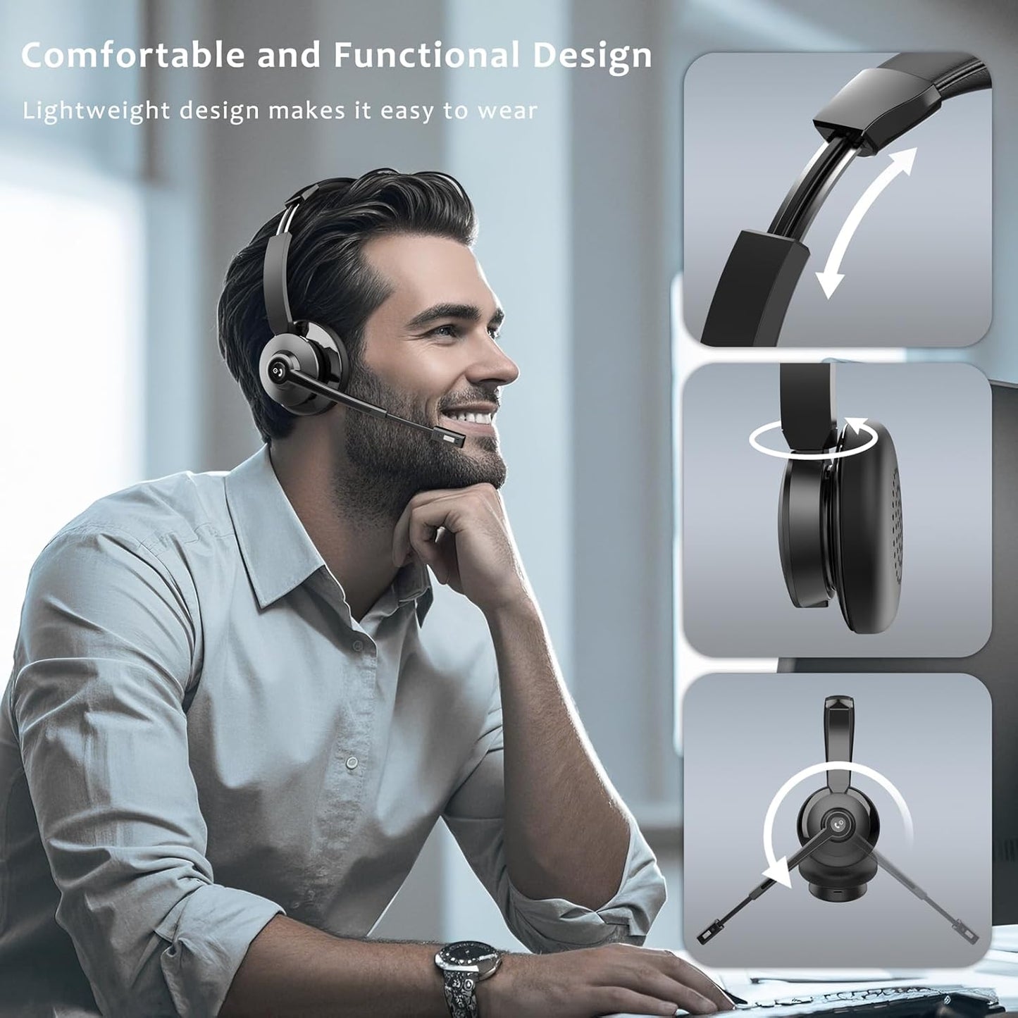 Wireless Headset,Bluetooth Headset with Microphone Noise Cancellation Wireless Headphones with USB Dongle Connection and Microphone Mute for PC/Laptop/Smartphone/Teams/Home