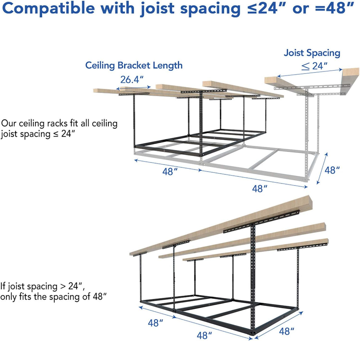 FLEXIMOUNTS 4x8 Overhead Garage Storage Rack without Decking, Storage Organization System, Heavy Duty Metal Garage Ceiling Racks, 600lbs Weight Capacity, Black