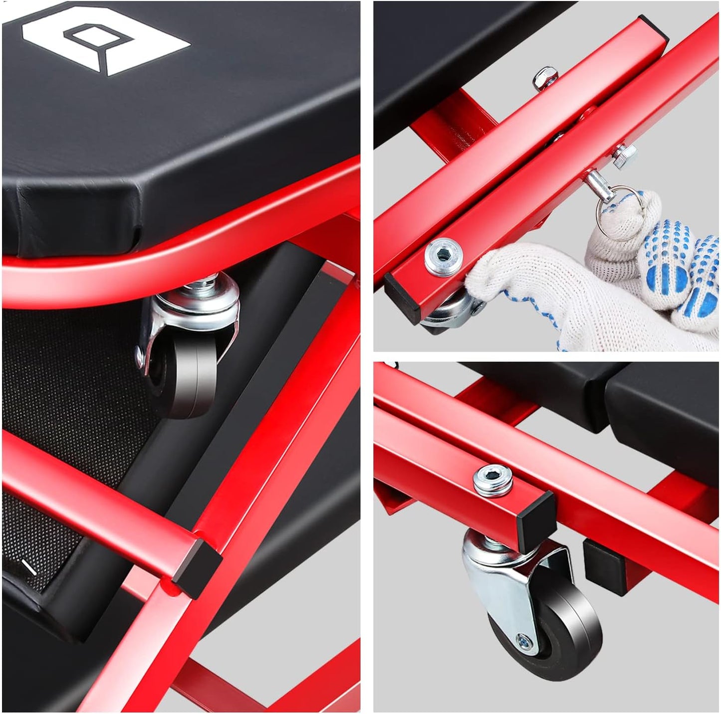 DNA MOTORING TOOLS-00186 40 Inches 2 IN 1 Rolling Folding Car Creeper/Seat, 6 Pcs 2" Casters, 150kg Weight Capacity, Red