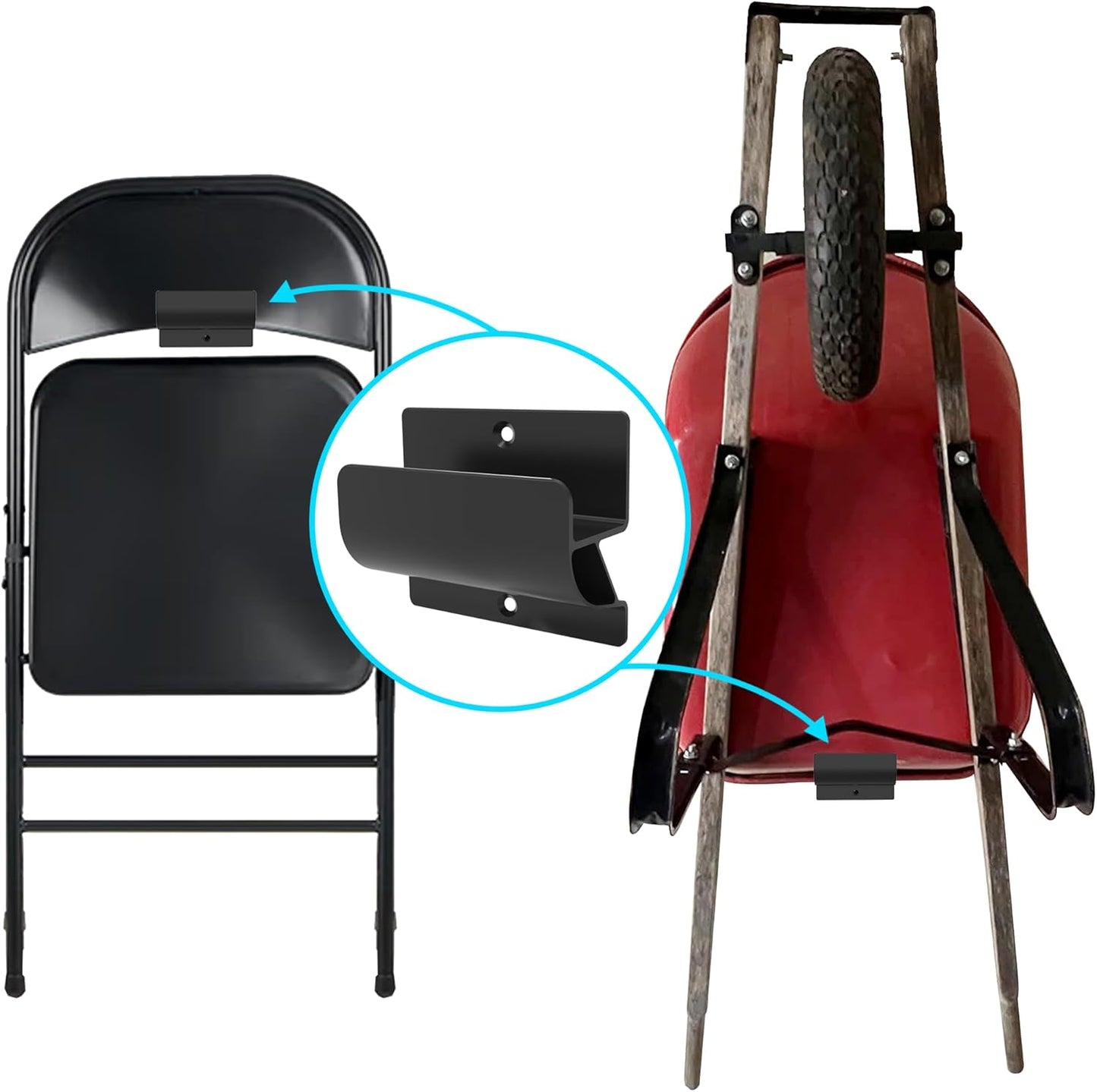 Ladder Hooks for Garage Organization, Wall Mount Storage Rack, Heavy Duty Hangers for Wheelbarrow, Black with Screws