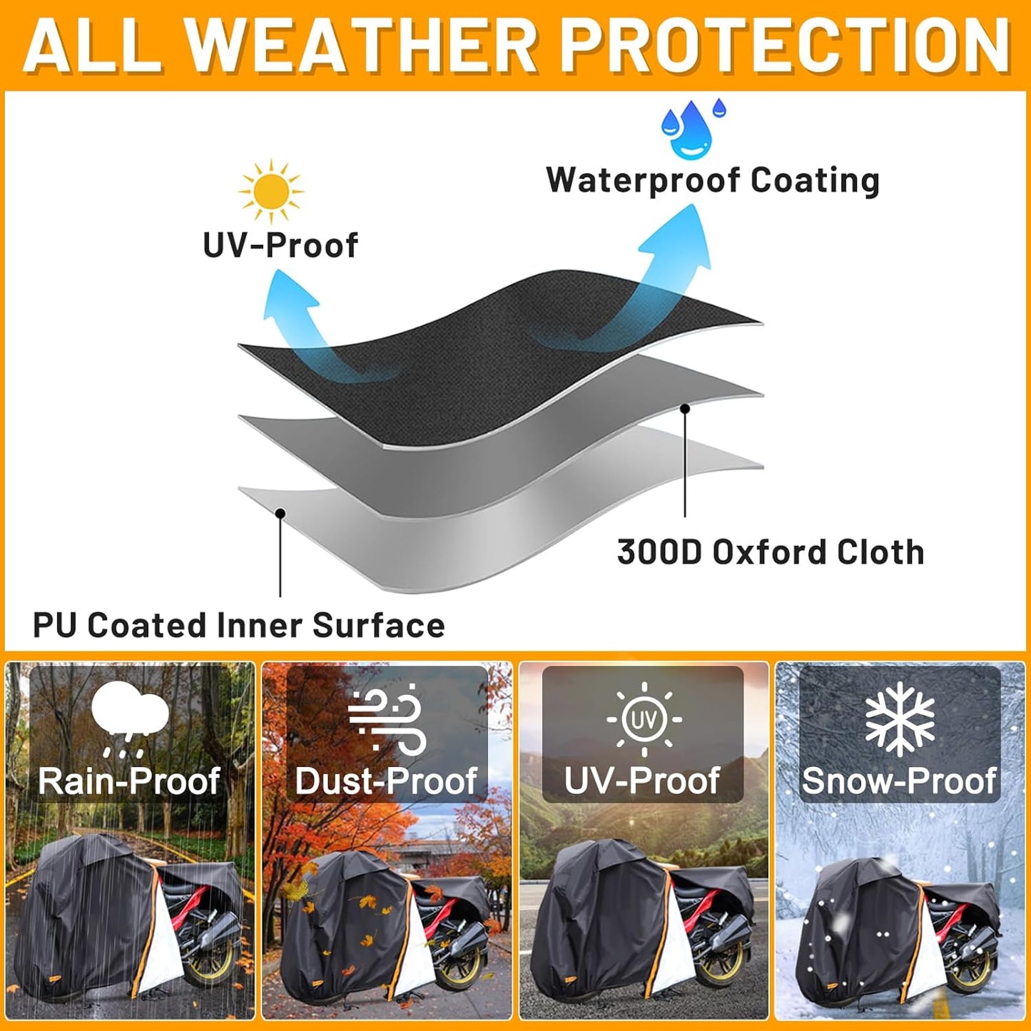 Motorcycle Cover,Waterproof Zipper Outdoor Cover for All Seasons Windproof, High Heat Resistance Dustproof and Rainproof Snowproof(Orange Zipper M Fits Up to 87 inch)