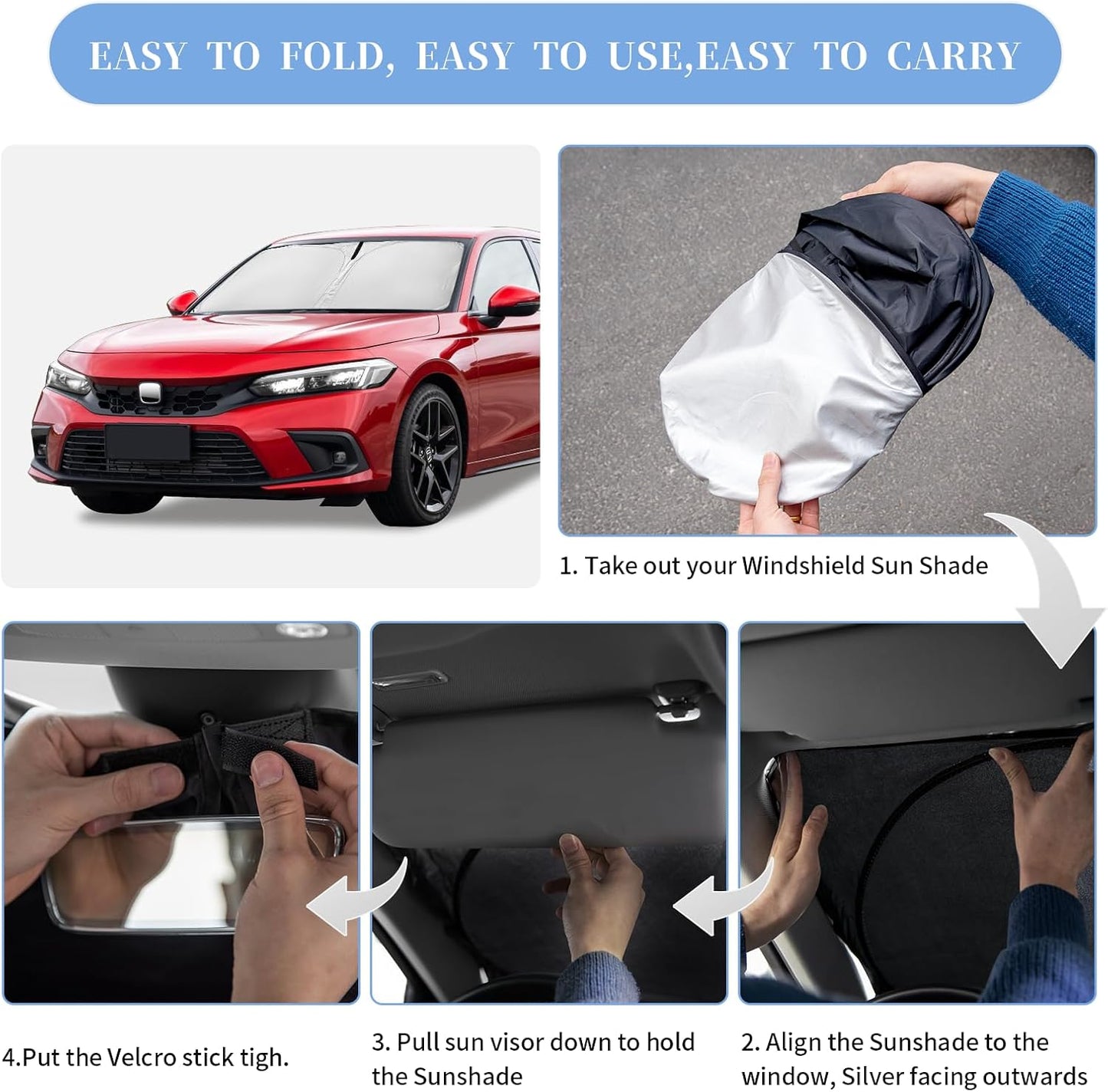 for Honda Civic 2022-2024 2025 Sun Shade Sunshade Windshield Cover, 4-Layer Front Window Shade Custom Fit Civic (Not for 2022 Sport) Sedan, LX, EX, EX-L, Touring Sun Visor 240T Shade Car Accessories