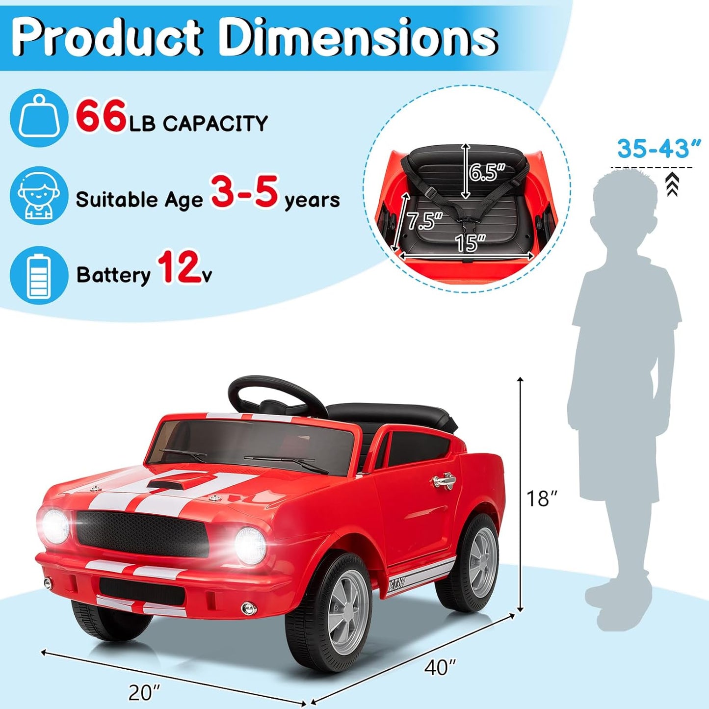Winado Licensed Shelby Electric Car for Kids, Battery Powered Ride On Toy for Toddlers with Remote Control, Upgrade Display Panel, Bluetooth, Shock Absorbers, Safety Belt, 3 Speeds, LED Lights - Red