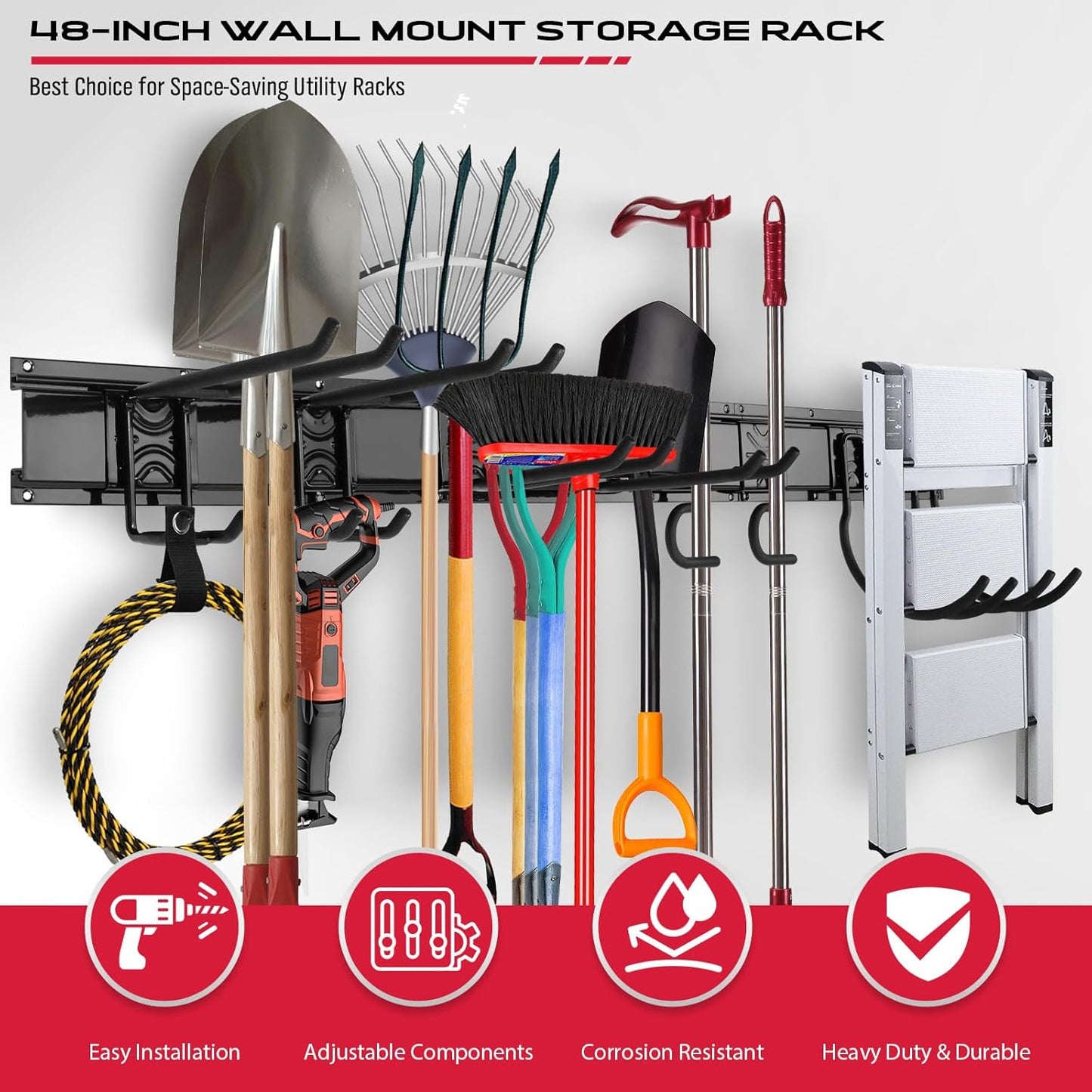 48" Heavy Duty Garage Wall Organizer, Wall Mount Tool Storage Rack with Adjustable Hooks, Garden Tool Organizer Hold Up to 300lbs, Easy Installation (3 Panels, 8 Hooks, 3 Straps)