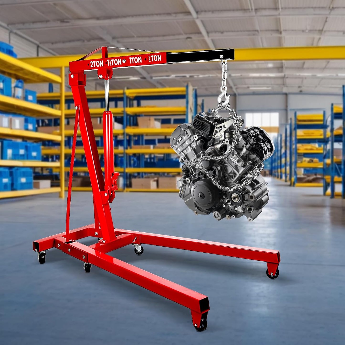 Engine Hoist 2 Ton Folding Cherry Picker Engine Hoist, Heavy Duty Alloy Steel Hydraulic Engine Stand with 8 Ton Hydraulic Pump, Engine Lift for Workshops, Warehouses, Red (Engine Hoist)