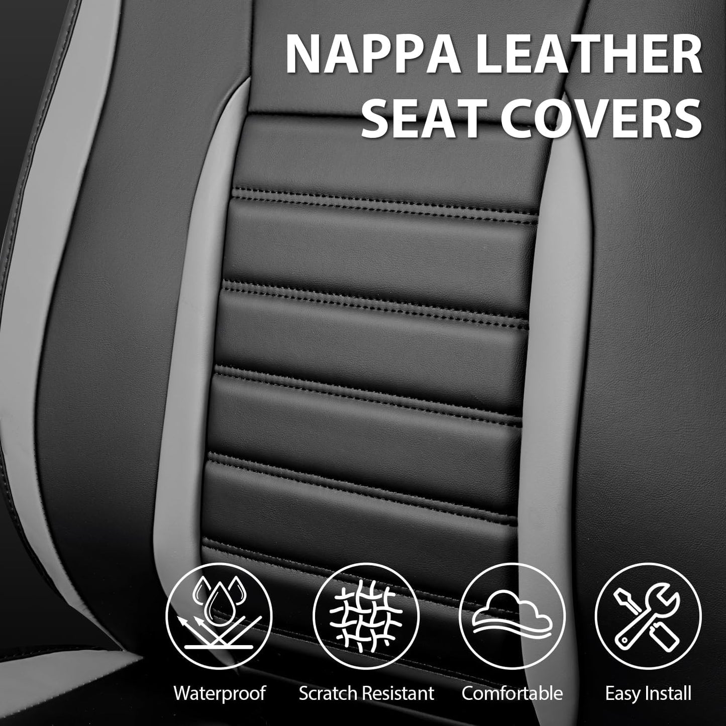 CAR PASS Nappa Leather Car Seat Covers Front Seats, Luxury Seat Protector for Cars, Waterproof Anti-Slip Seat Cushion Armrest Compatible Airbag Universal for SUV Pick-up Truck Automotive, Black Gray