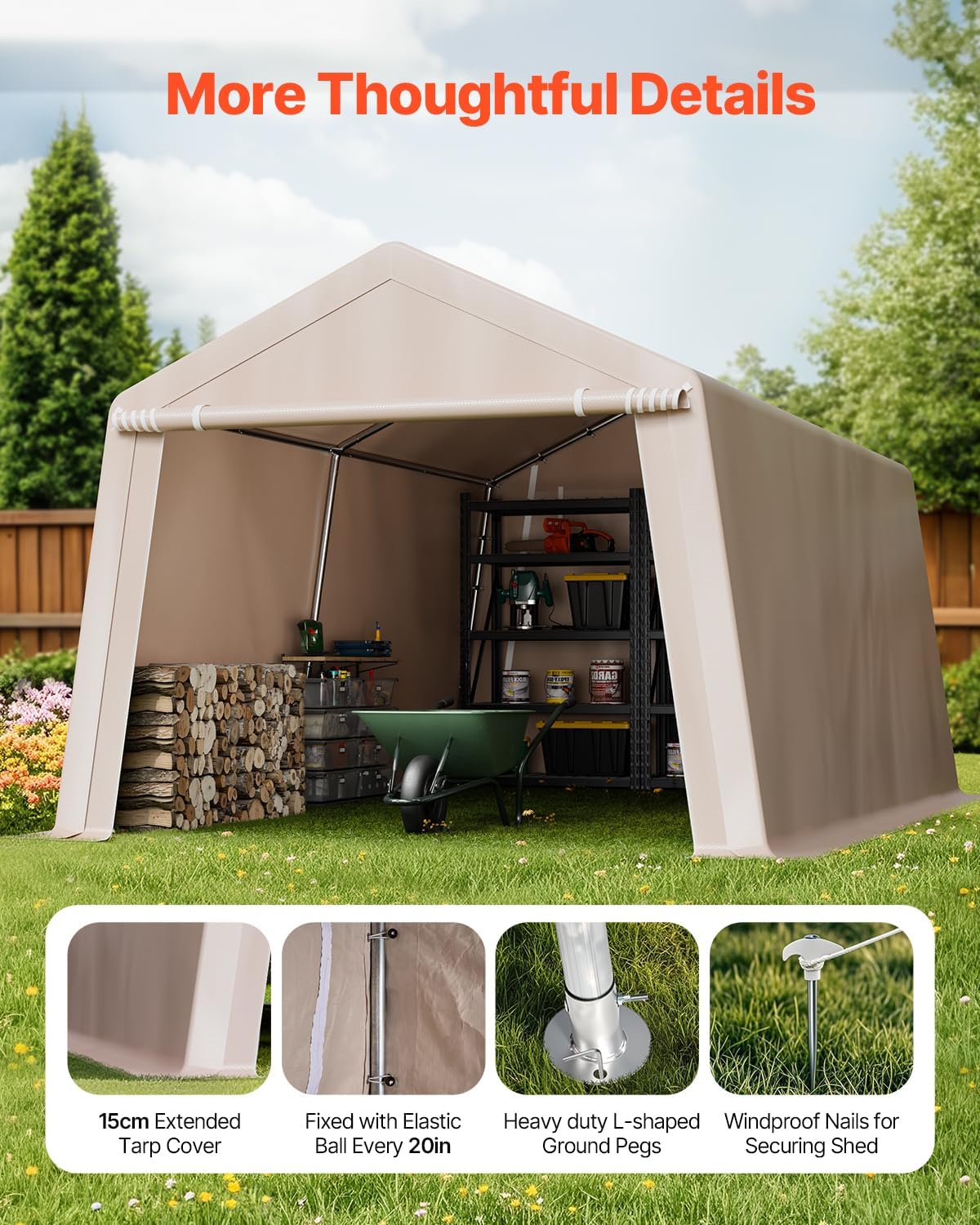 VEVOR Outdoor Storage Shed, 10 x 15 ft Portable Storage Tent with 2 Roll-up Doors & Vents, Waterproof Canopy Shed Shelter, Heavy Duty Frame, Patio Garage Carport for Motorcycle Lawn Mower, Beige