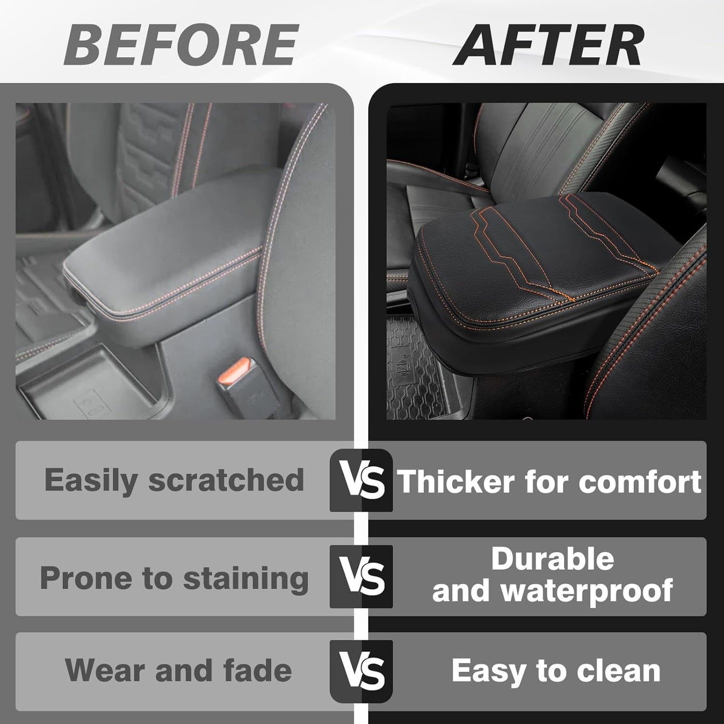 Muslogy for Frontier Center Console Pad Armrest Box Cover Vegan Leather Soft Accessories Armrest Lid Protector Compatible with Nissan Frontier 2022-2024 2025(Extra Thick, V2 Orange Stitching)