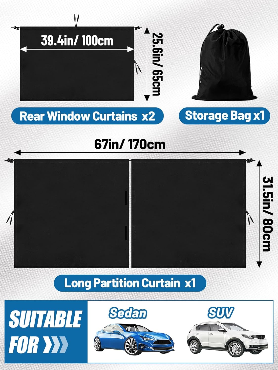 Set of 3 Car Privacy Curtains - 95% Light Blocking Fabric Rear Seat & Side Windows Divider Curtain Baby Shades, Wide Sedan SUV Sunshade Screen Covers for Travel Camping Nap Sleeping