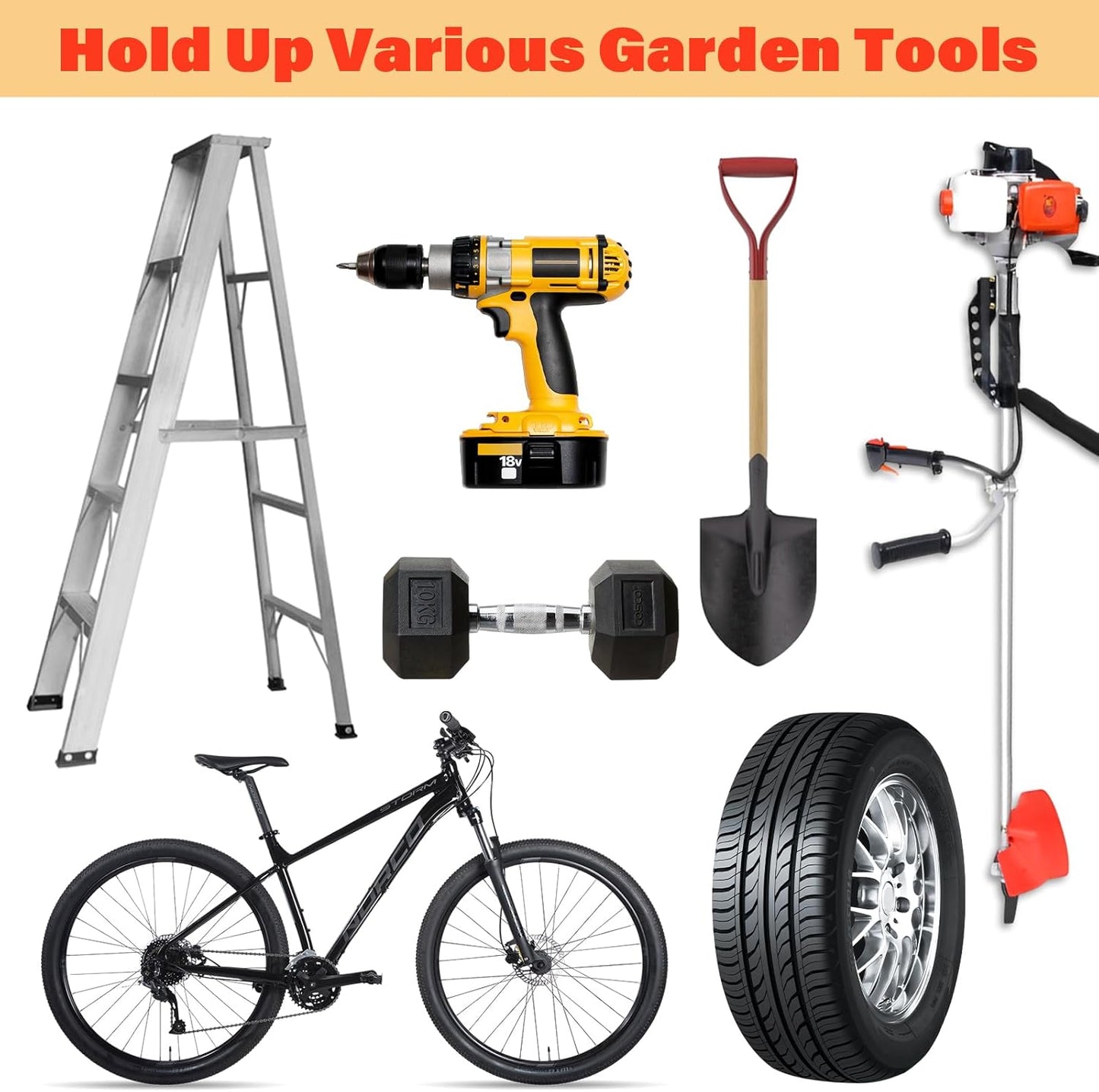 2 Pack Trimmer Rack Garage Organizer Wall Hanger, Garage Tool Rack for Grass Trimmer, Hedge Trimmer, Garden Tools Organizer