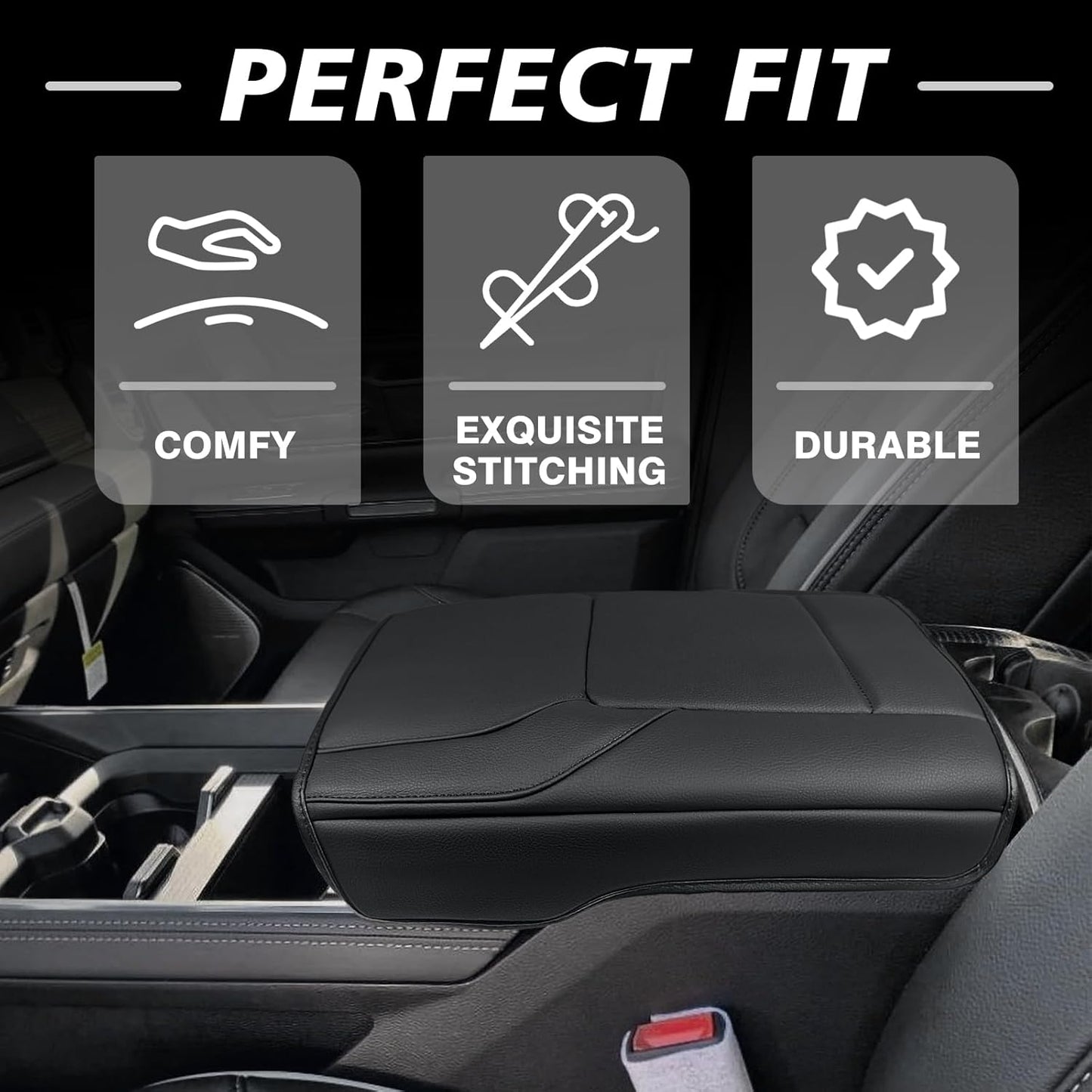 Muslogy Center Console Armrest Cover Compatible with Dodge Ram1500 2500 3500 2019-2024 Comfort Armrest Pad Arm Rest Cushion Vegan Leather Protector Regular Thick(Bucket Seat ONLY, NO Limited,Laramie)