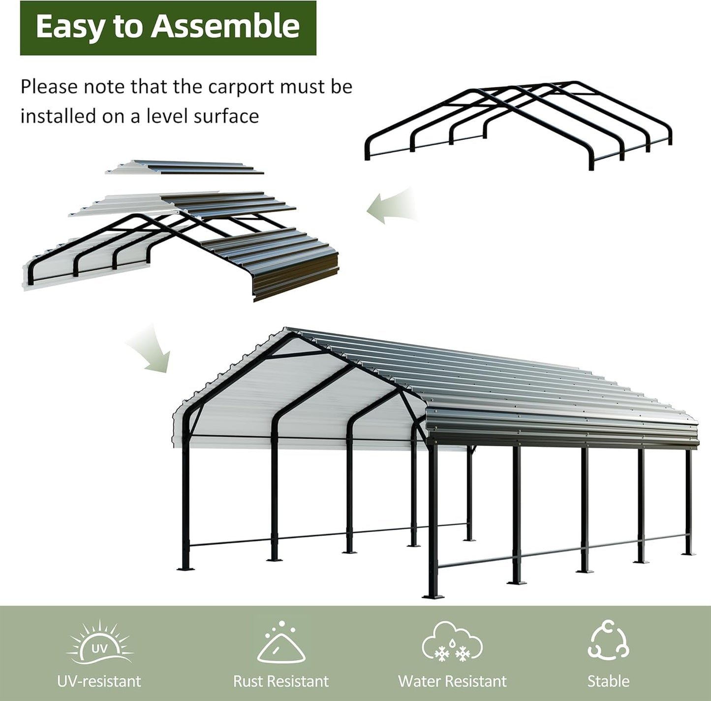JAMFLY Carport, 12X15 FT Metal Carport, Heavy Duty Carport Canopy with Galvanized Steel Roof and Frame, Metal Car Garage Upgraded Extra Large Garage for Pickup, Boat, Car and Tractors