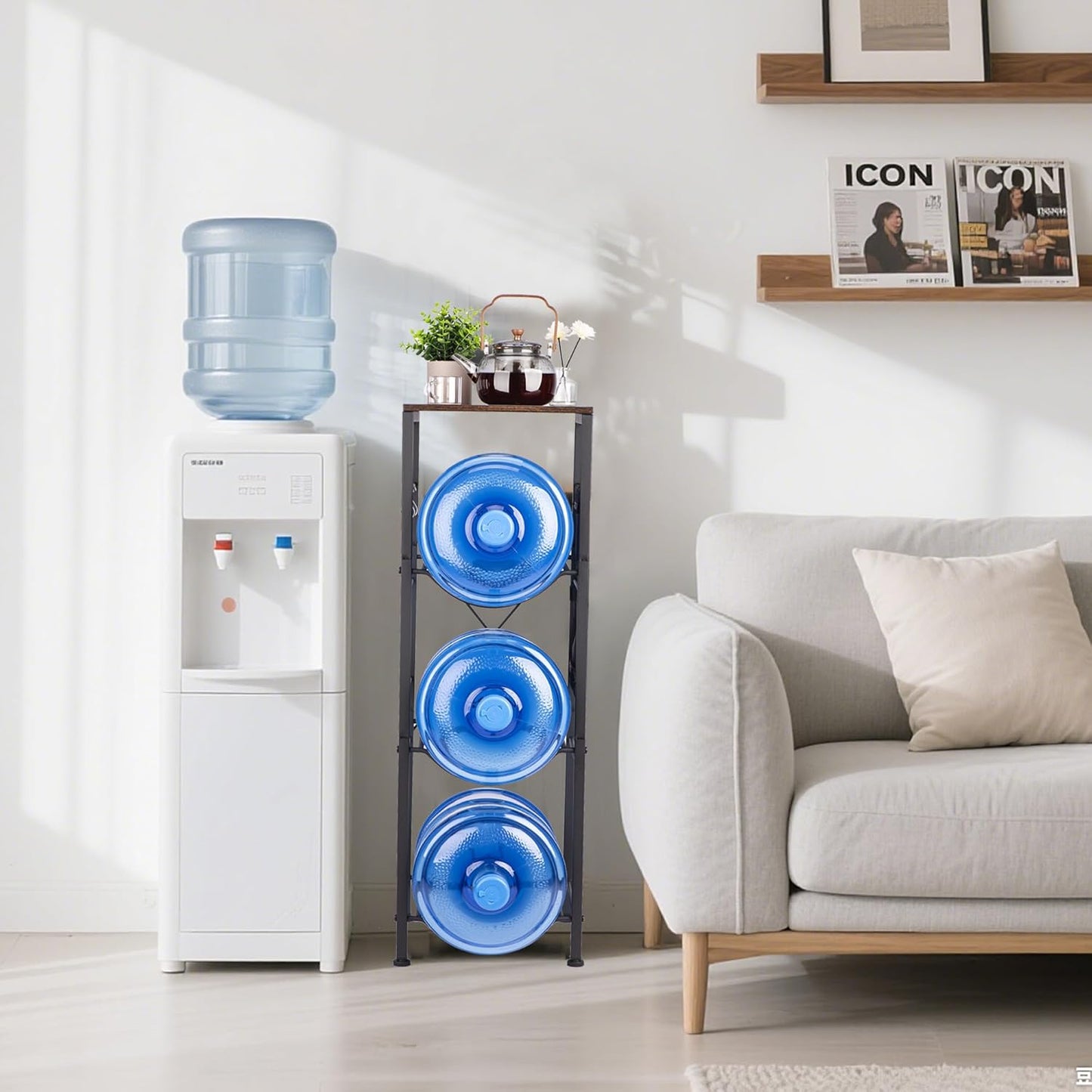 3-Tier 5 Gallon Water Bottle Holder with Lockable Casters, Heavy Duty Water Jug Rack with Wood Top Shelf, Water Dispenser Stand for Kitchen, Office, Garage