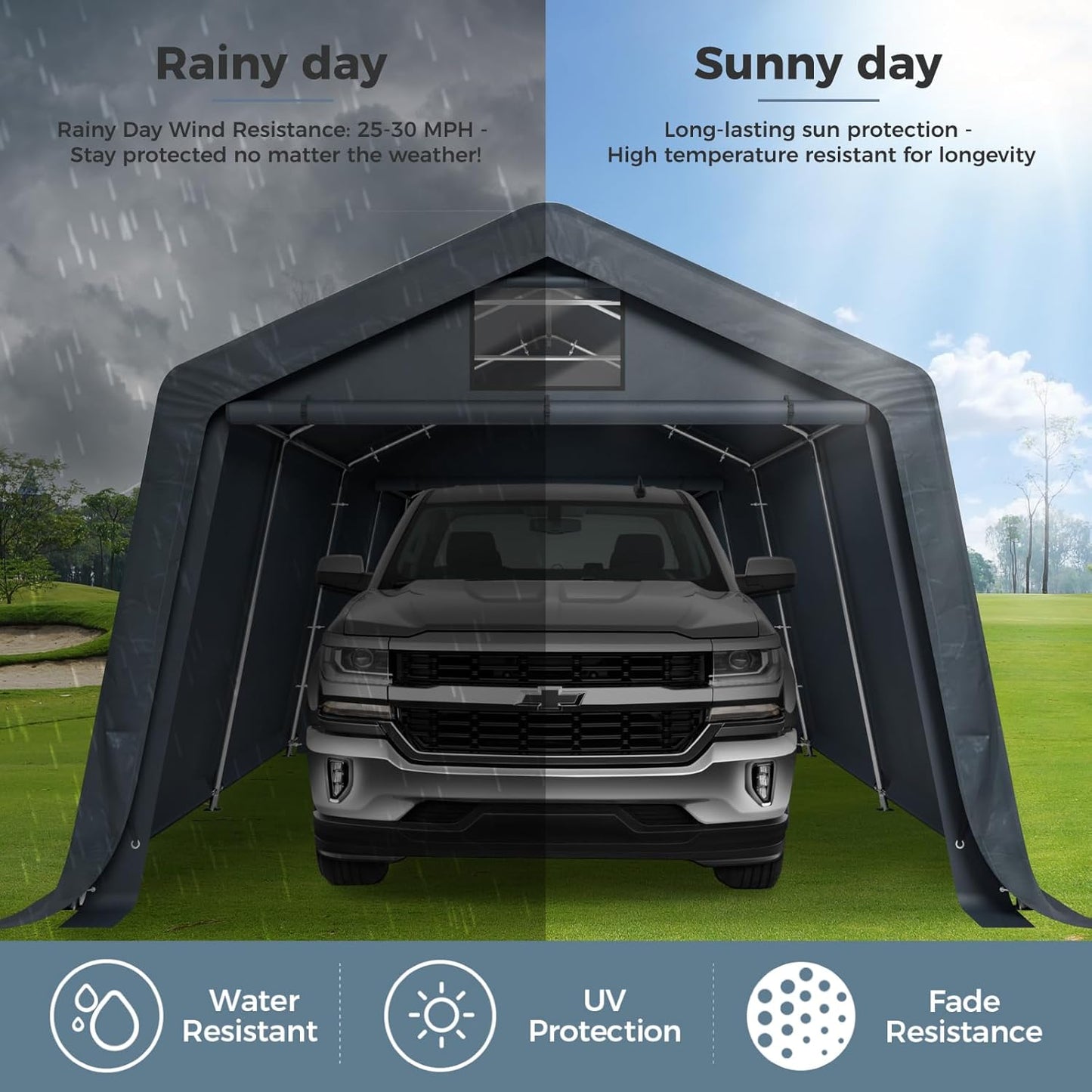 GREEN PARTY Storage Shelter Shed, 13x22 ft Portable Shed Outdoor Carport with Roll-up Zipper Door & Vents, Outdoor Storage Shed Portable Garage for Motorcycle, Bike, Waterproof & UV Protected, Gray