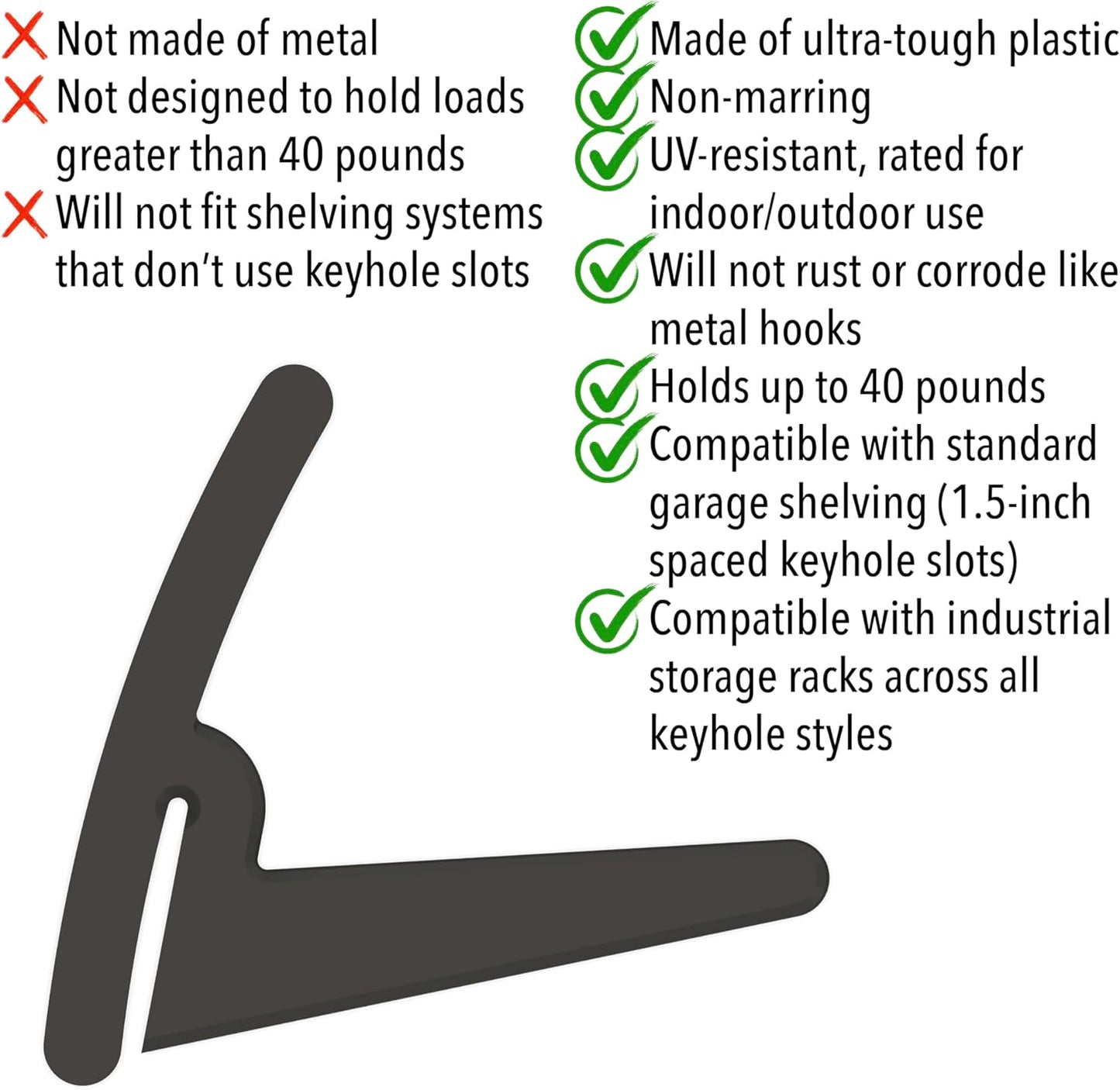 BearClaw Universal Hooks for Garage Shelving and Industrial Storage Racks with Keyhole Slots, L-Hooks Assortment, UV-Resistant, Up to 40 lbs Load