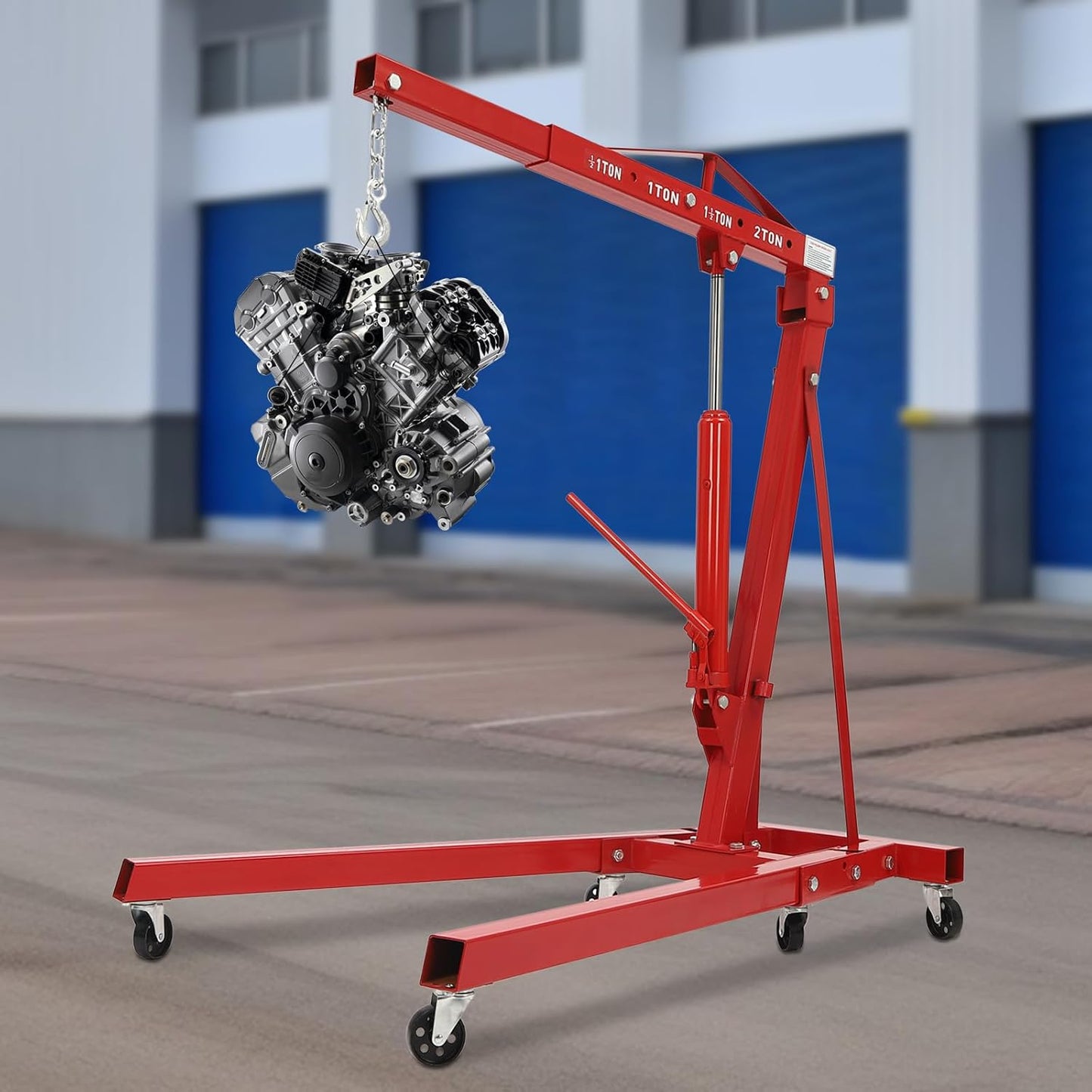 Folding Engine Crane 2 Ton Folding Engine Hoist 4400lbs Crane Hoist Lift with 6 Iron Caster Wheels for Garage, Workshop (Red)