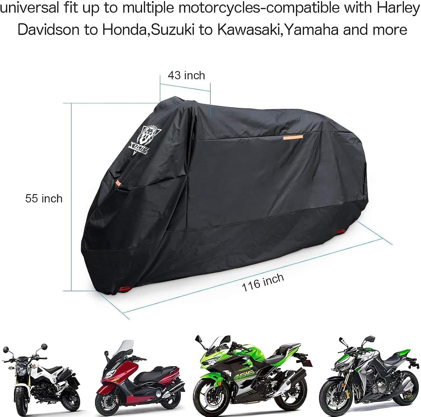 XYZCTEM Motorcycle Cover -Waterproof Outdoor Storage Bag, Made of Oxford Material, Fits up to 116" Harley Davison and All Motors (Black& Lockholes& Professional Windproof Strap)