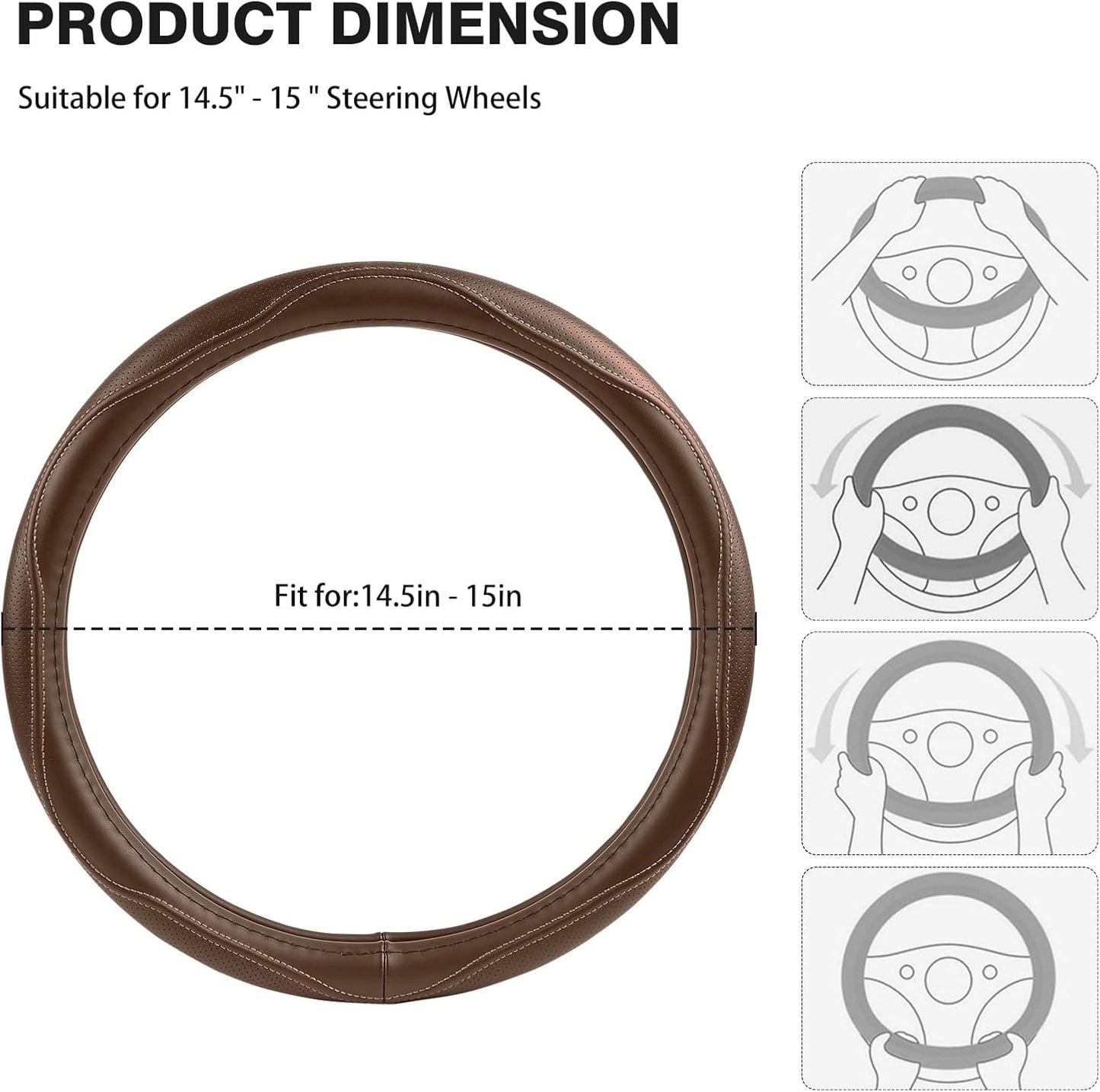 High-Grade Brown Genuine Leather Steering Wheel Cover for Men Women,Real Cowhide Leather Steering Wheel Cover for Cars,Universal 14.5-15 inch Steering Wheels