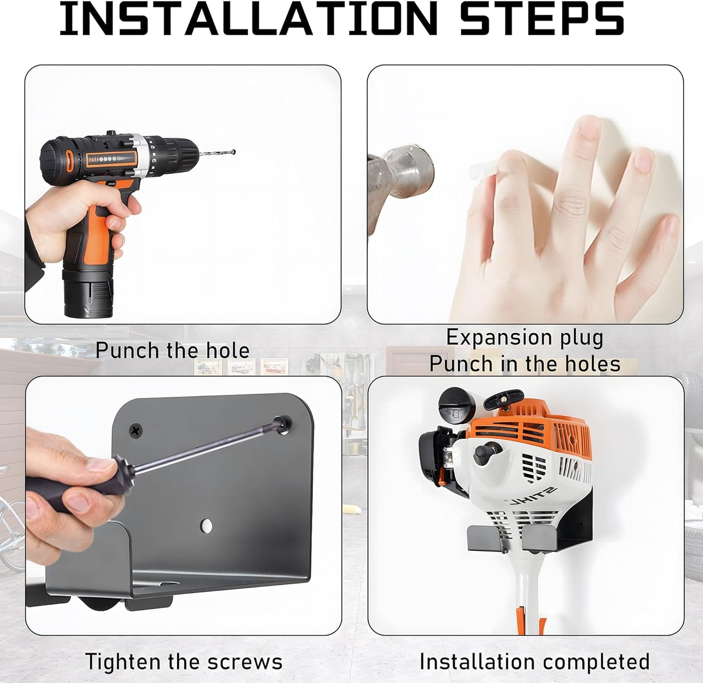 Weedeater Hanger, 1 Pack Weed Eater Hanger for Garage Wall-mounted Organizer Trimmer Rack Storage for Grass Trimmer, Hedge Trimmer, Garage Wall, Garden Tools, Black