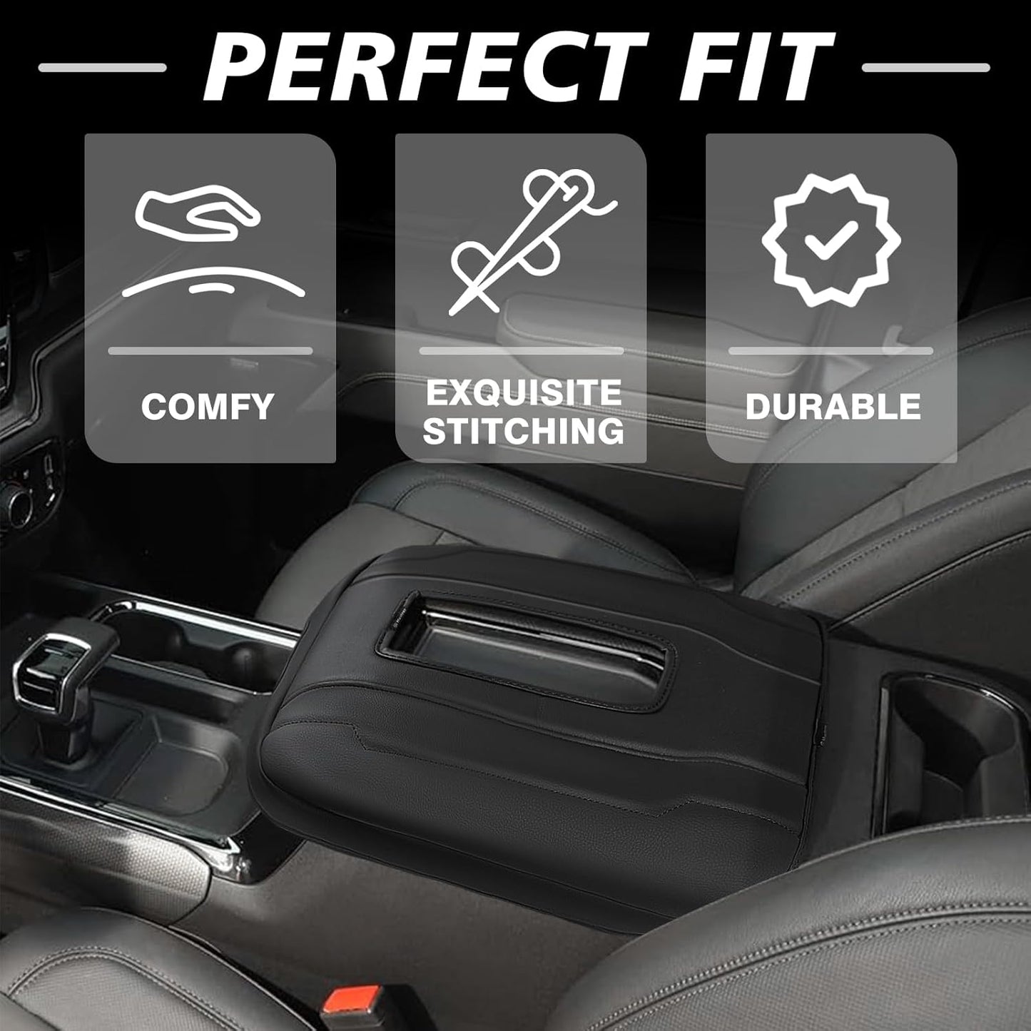 Muslogy Center Console Armrest Cover Compatible with Chevy Silverado & GMC Sierra 1500 2500 3500 2022-2025 Comfort Armrest Pad Arm Rest Cushion Vegan Leather Protector Regular Thick(Bucket Seat ONLY)