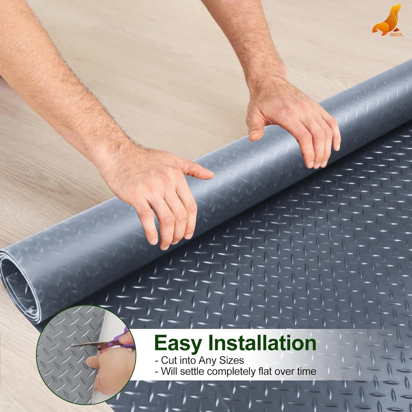 SEAL 6 x 20 Ft Premium Garage Floor Mat, Solid 2.8mm Thick Gray Commercial Grade Heavy Duty Parking Mat for Garage Floor, Golf Cart Parking, Water/Stain Resistant Floor Runner (Embossed Diamond Plate)