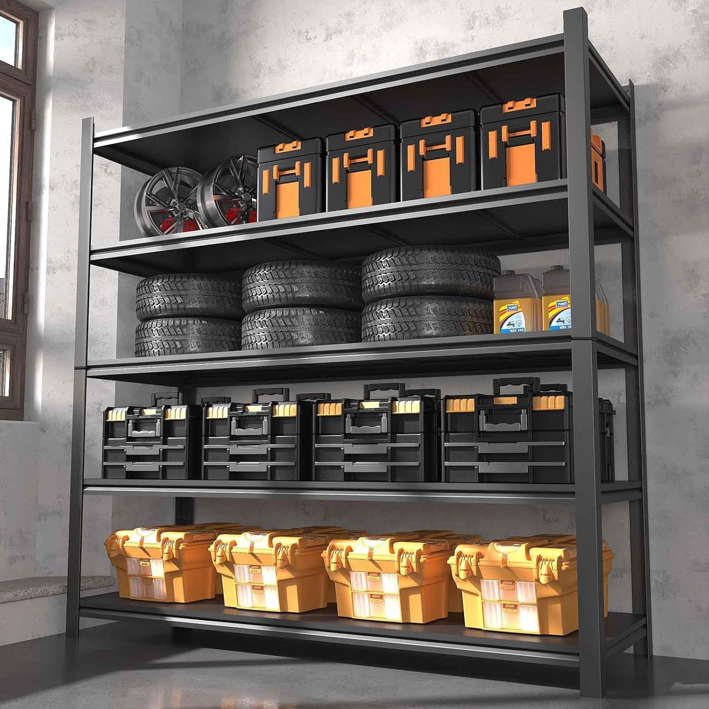 48.2" W Garage Shelving 3000LBS Storage Shelves Heavy Duty Garage Storage Shelves Adjustable 5 Tier Metal Shelves for Storage Industrial Heavy Duty Shelving Utility Shelf 24.2"Dx48.2"Wx 72.2"H