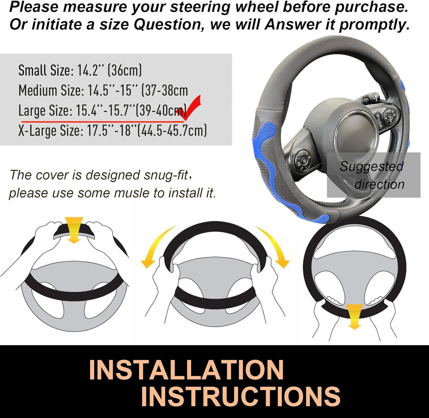 PINCTROT Large Size Comfy Grip Steering Wheel Cover, Anti-Slip Design, 15.5-15.75 Inch(Silicone Blue)