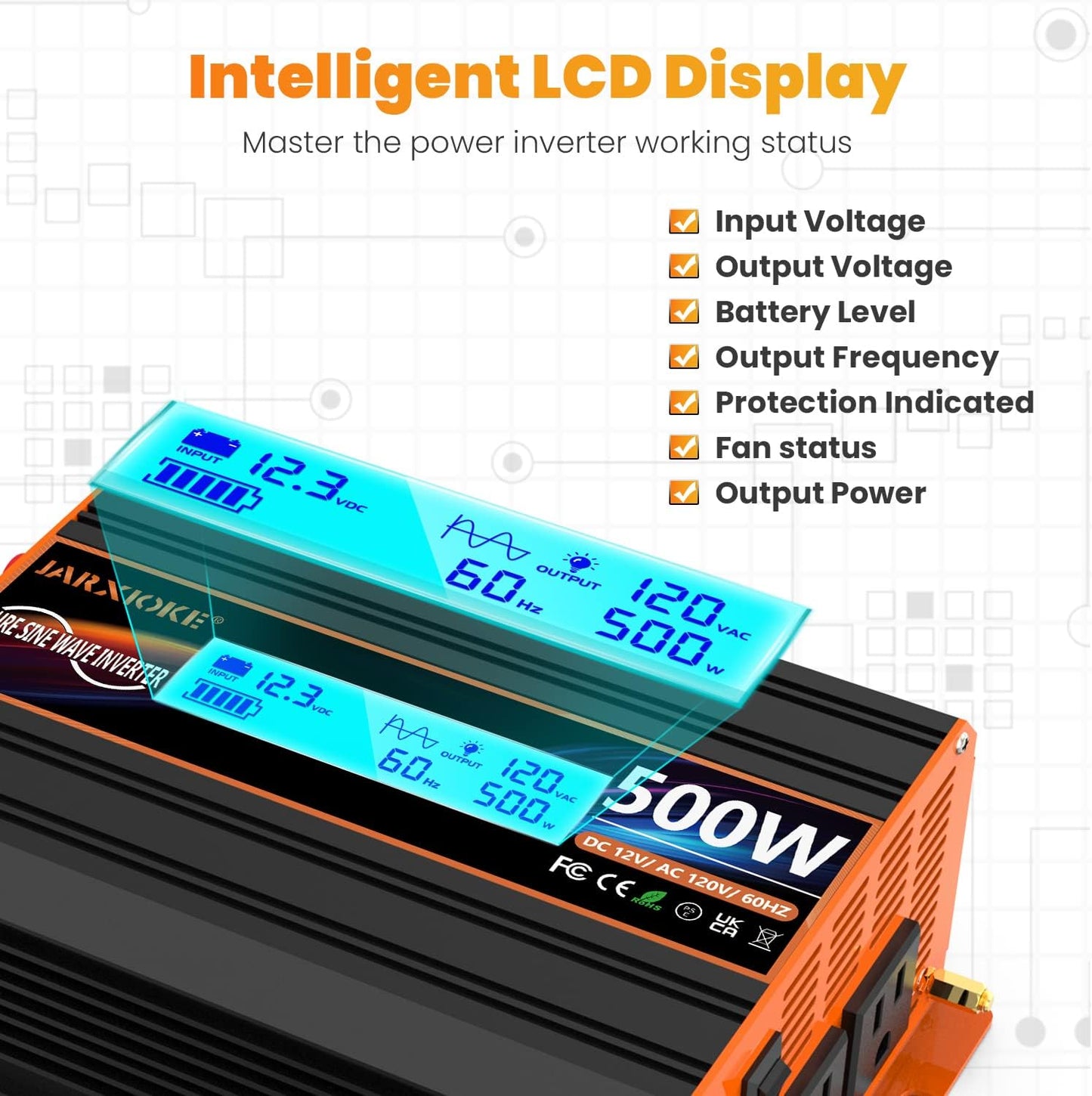 500 Watt Pure Sine Wave Power Inverter 12V DC to 110V 120V Converter for Home, RV and Off-Grid Solar Systems with Type-C Port, 2 AC Outlets, 2 USB Ports, LCD Display