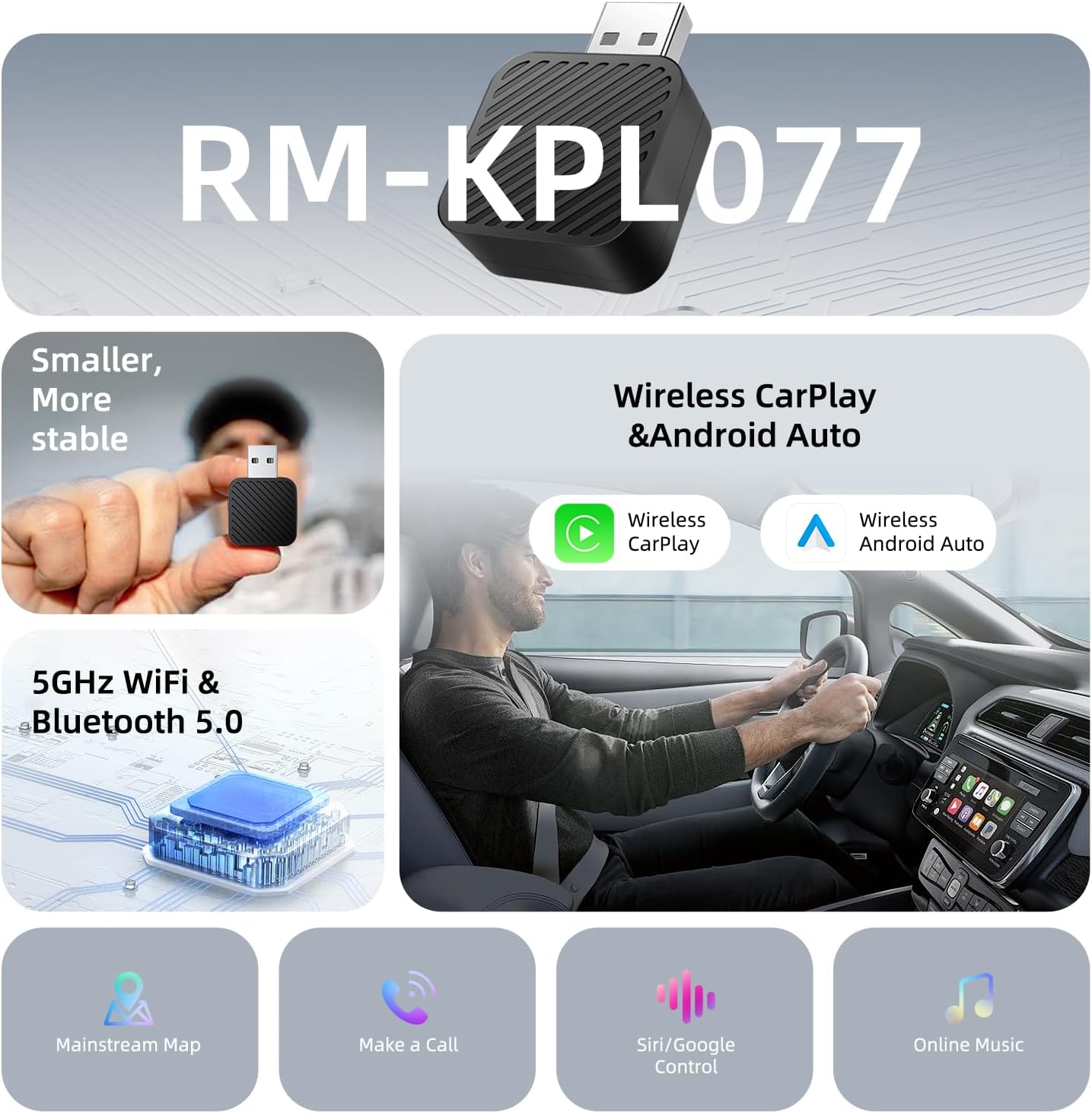 Mini Wireless CarPlay Adapter for iPhone, 2 in 1 CarPlay and Android Auto Wireless Adapter for Cars, Wired to Wireless, Plug & Play, Stable Fast Connection for Android 11+ and CarPlay iOS 10+