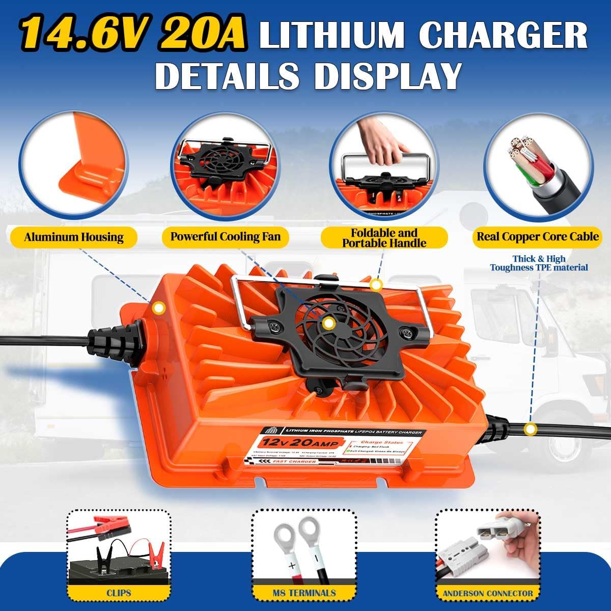 14.6V 20A LiFePO4 Battery Charger 12V Lithium Battery Charger with Anderson Plug AC to DC Smart Trickle Charger for Lithium Iron Deep Cycle Batteries of Trolling Motor RV Marine Car