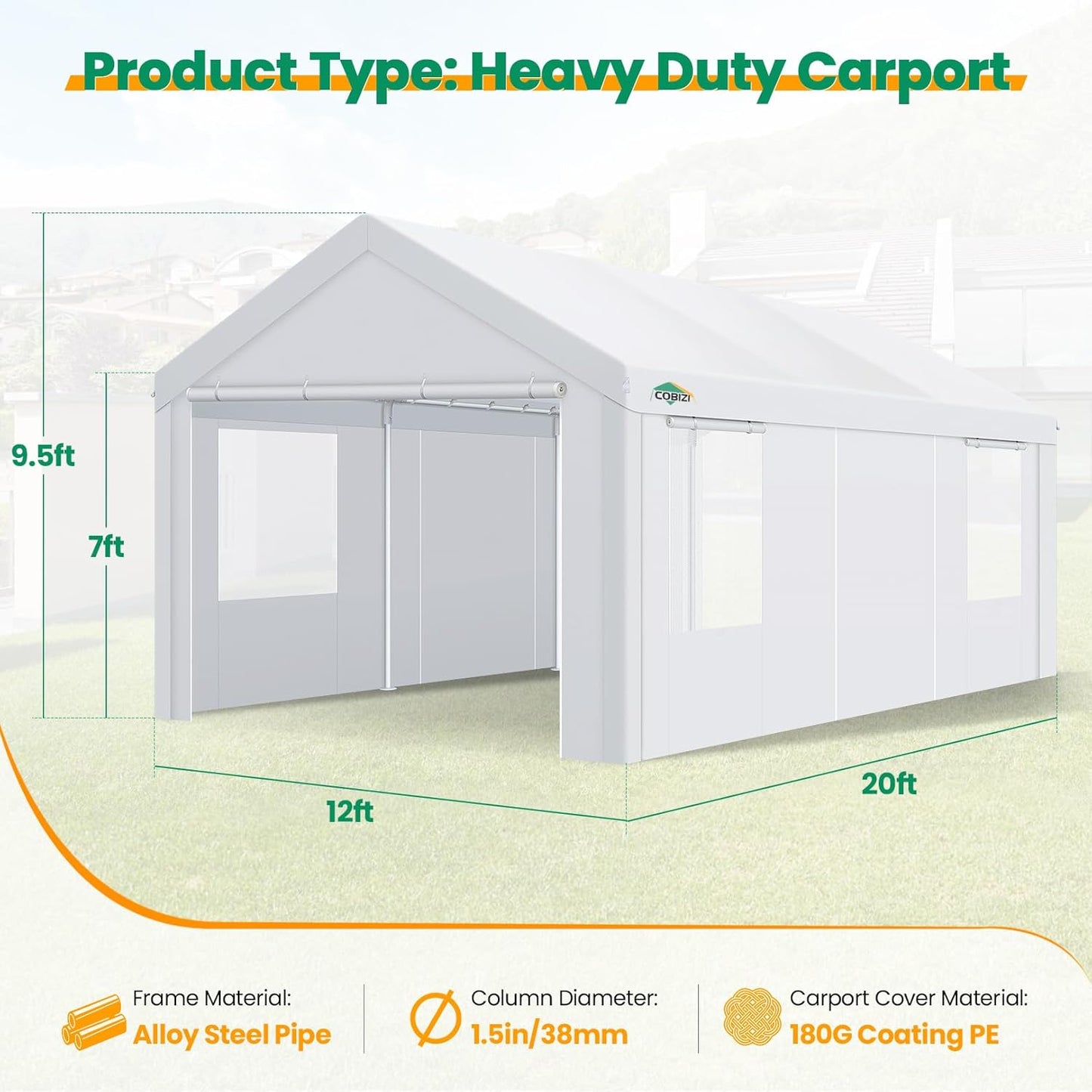 COBIZI Carport Canopy 12x20 Heavy Duty Portable Garage with Removable Sidewalls & Doors, Galvanized Frame Car Port Canopy Tent with Built-in Sandbags & All-Season Tarp for Car Boat Truck, White