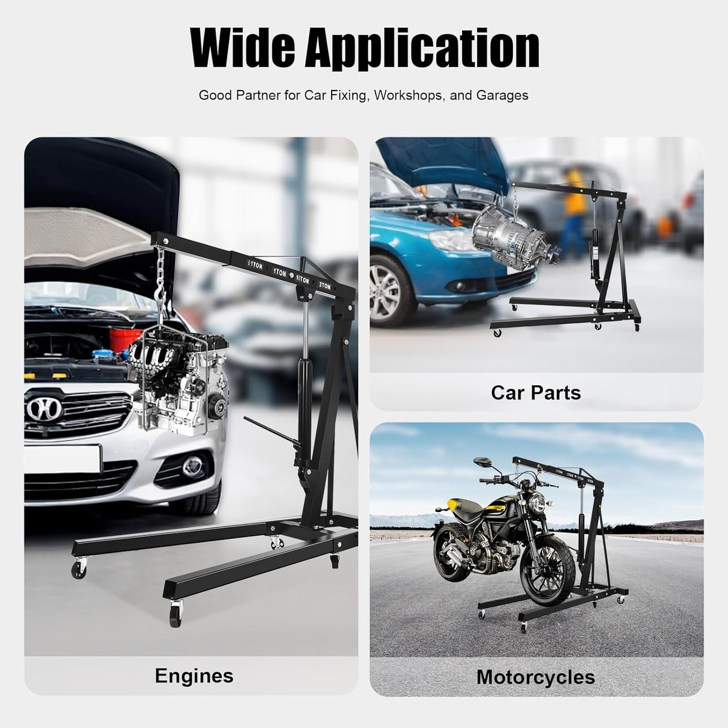 LOYALHEARTDY 2 Ton Hydraulic Engine Hoist, Folding Engine Lift with 6 Wheels, Heavy Duty Steel Shop Engine Crane, Cherry Picker Engine Hoist for Garage, Workshop, 4400 LBS (Black, 2 Ton)