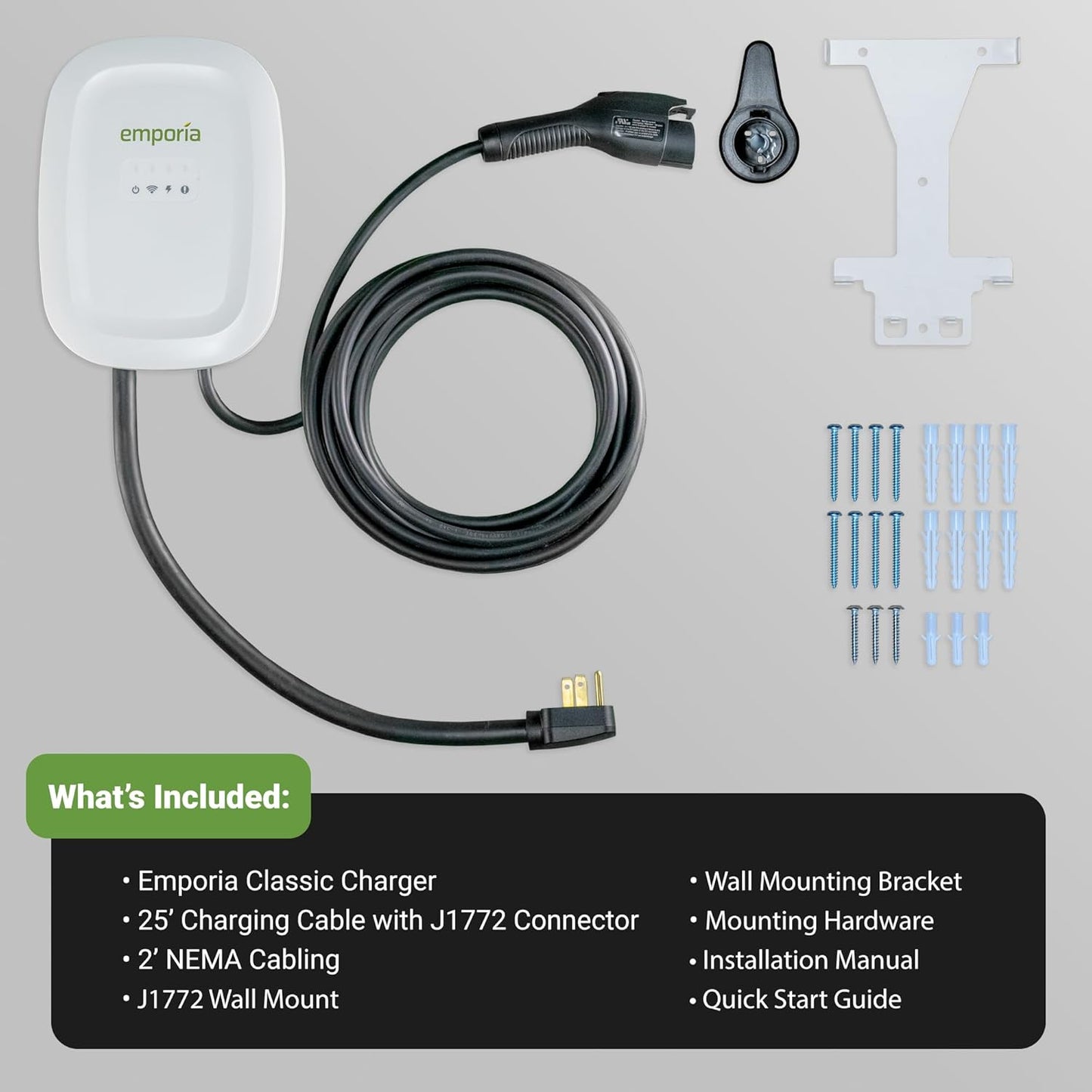 EMPORIA Level 2 EV Charger - NEMA 14-50 EVSE w/ J1772 Connector - 48 amp EV Charger Level 2, 240v WiFi Enabled Electric Vehicle Charging Station, 25ft Cable, White
