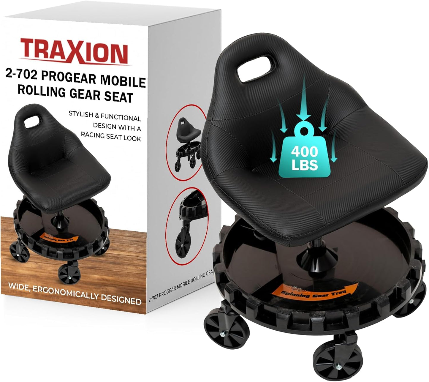 Traxion 400lb Capacity 2-702 Carbon Fiber Simulated Progear Mobile Rolling Gear Seat