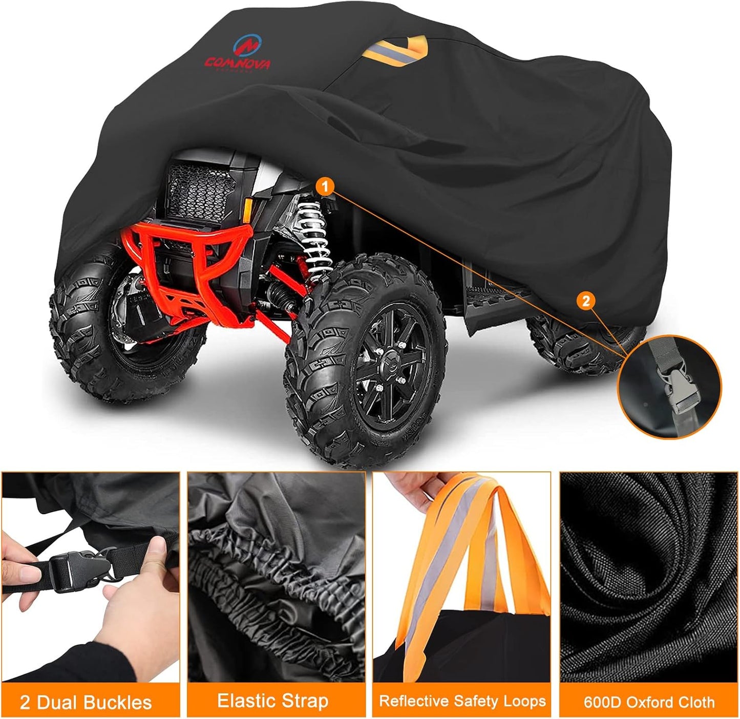 Comnova ATV Cover for 4 Wheelers - 88 Inch ATV Covers 600D Heavy Duty & Waterproof, Outdoor Four Wheeler Quad Cover All Weather Large for Polaris, Kawasaki, Arctic Cat, Honda, Yamaha and More